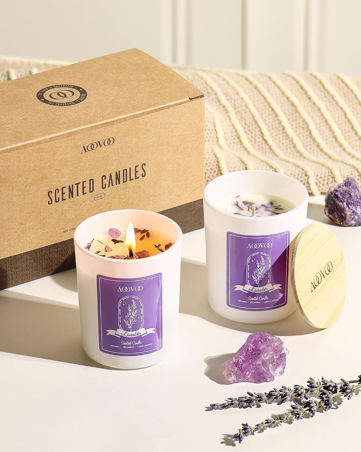 Thumbnail 6 de AOOVOO Lavender Scented Candle Set 2 Pack with Crystals Inside — 14oz Soy Aromatherapy Candles for Home and Gifts