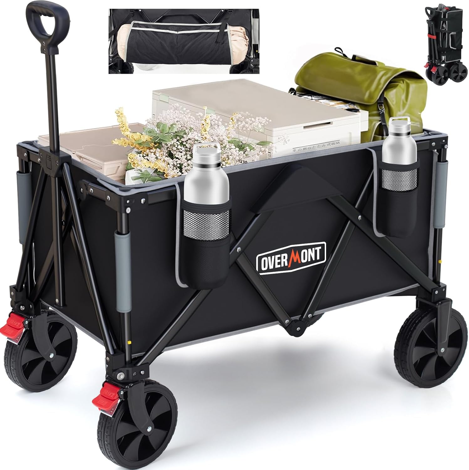 Detalle de OVERMONT OM-NWC-01 150 L Folding Wagon Cart, 330 lb Capacity, Side Storage