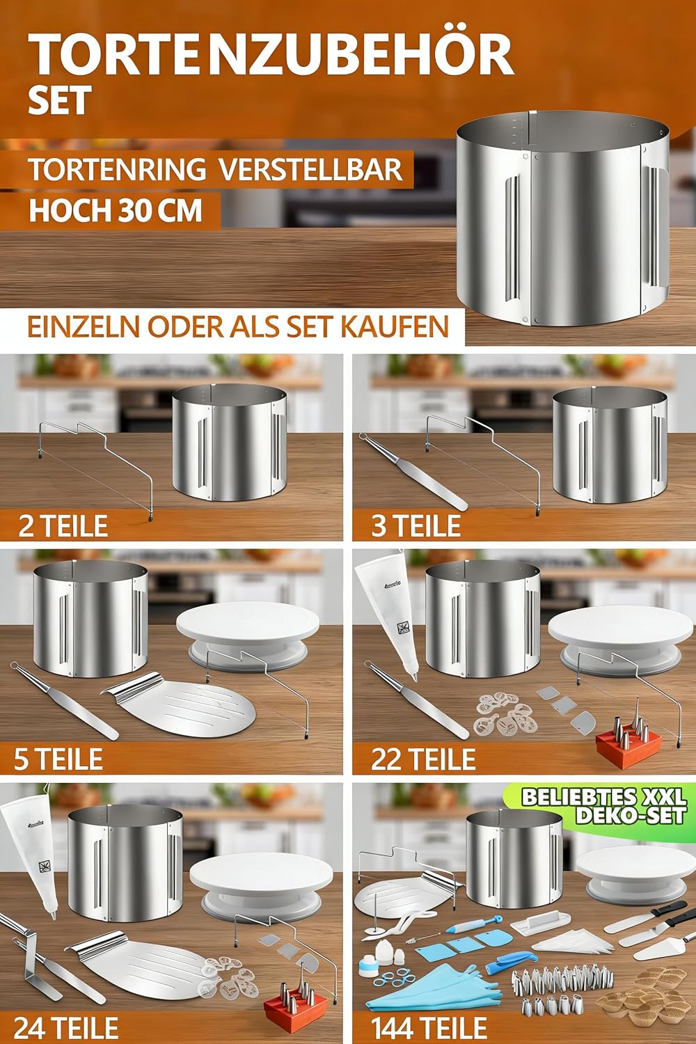 Detalle de 4smile Torten-Zubehör-Set 5 Teile – verstellbarer Tortenring 16–30 cm, Tortenschneider, Tortenheber, drehbare Tortenplatte & Streichpalette