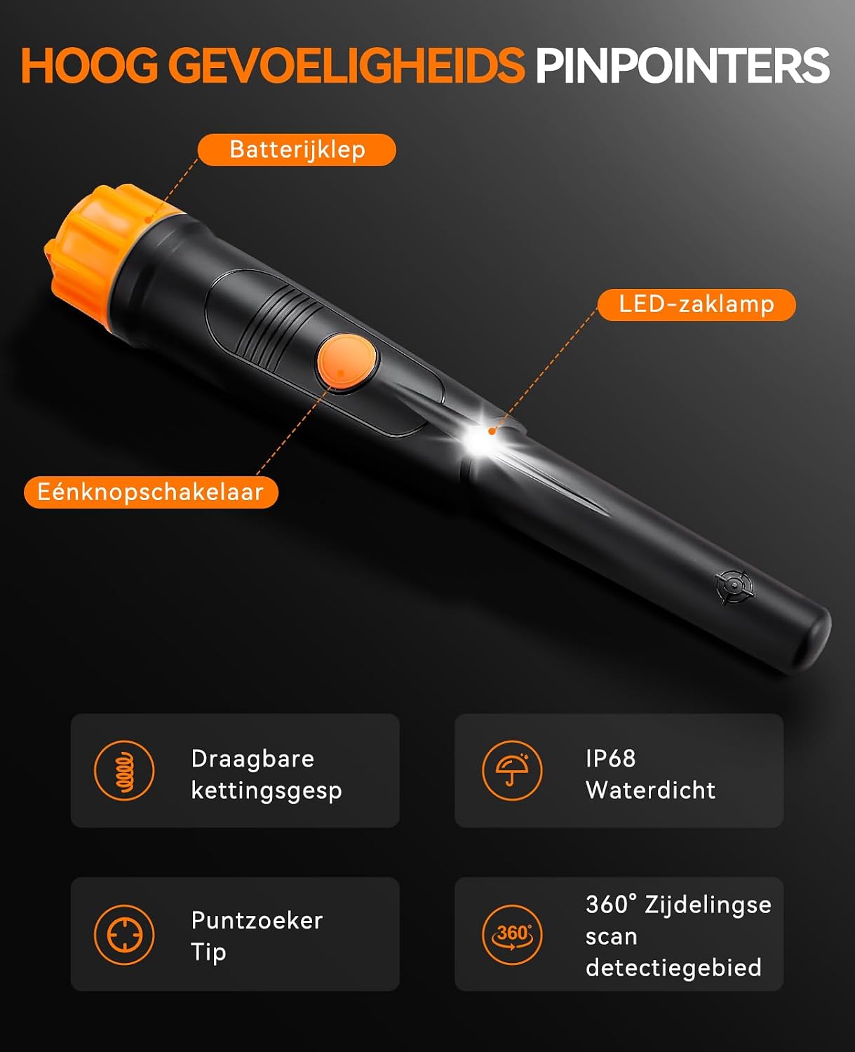 Detalle de SUNPOW OTMD01 pinpointer-metaaldetector, waterdicht met 360°-detectie en 3 modi