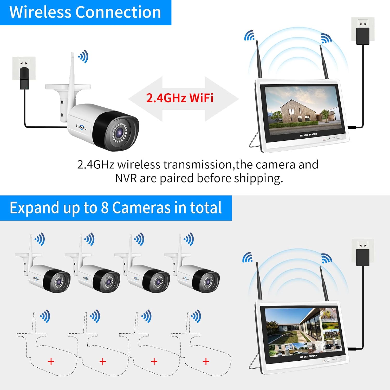 Thumbnail 6 de Hiseeu kit videosorveglianza WiFi esterno 5MP + NVR 10CH con monitor 12” e HDD 3TB
