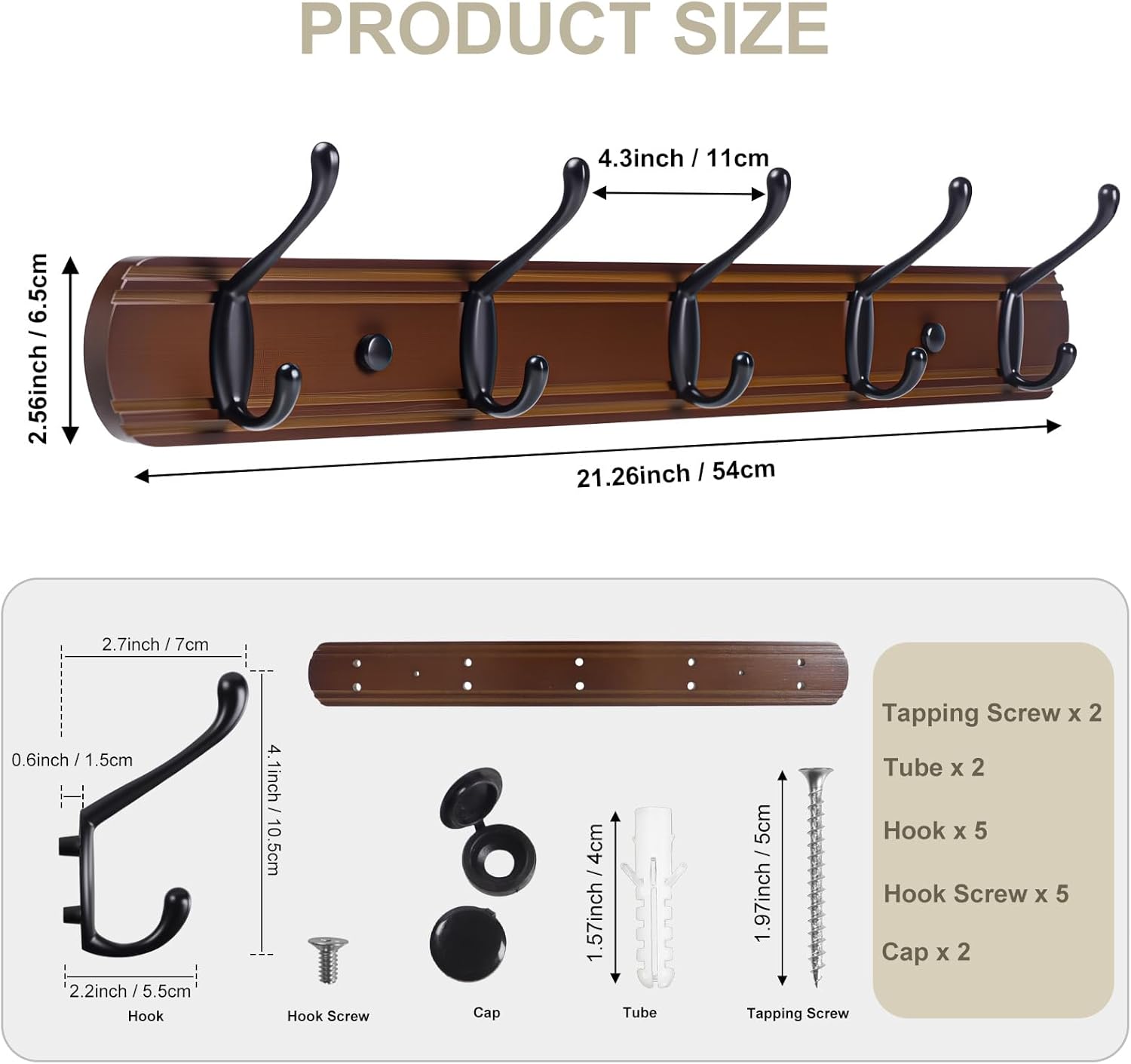 Detalle de Yundoza Coat Hooks Wall Mount – Wood Bamboo Coat Rack with 5 Metal Hooks (Brown & Black)