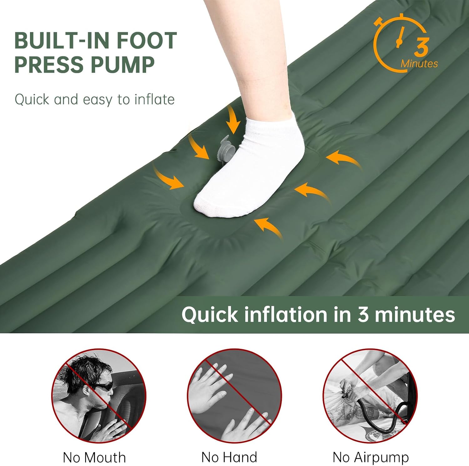 Detalle de Aptliton 10cm Inflating Sleeping Pad with Built-in Foot Pump – Dark Green