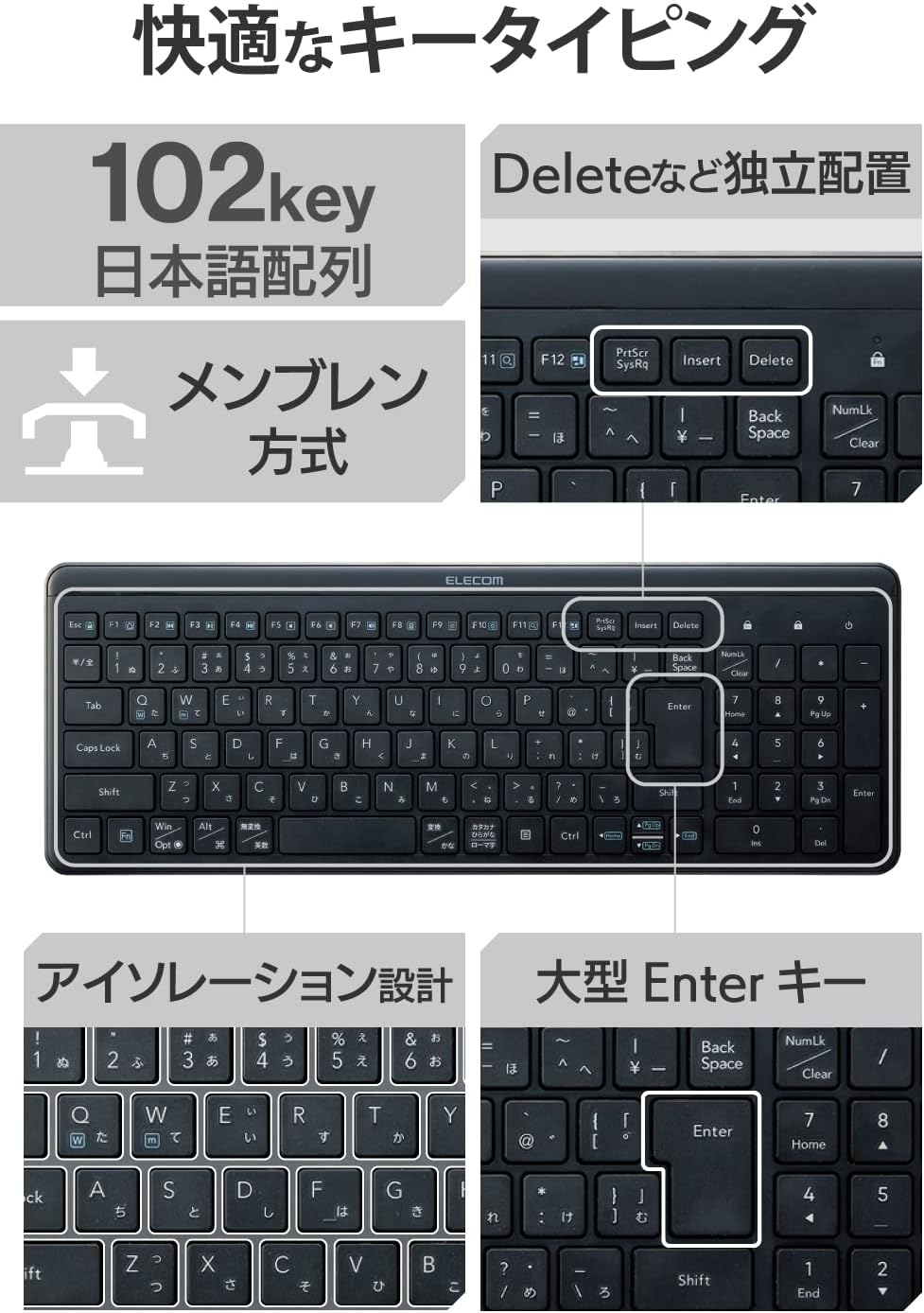 Detalle 1 de エレコム TK-QT30DMBK 静音ワイヤレスキーボード、テンキー付き薄型コンパクト