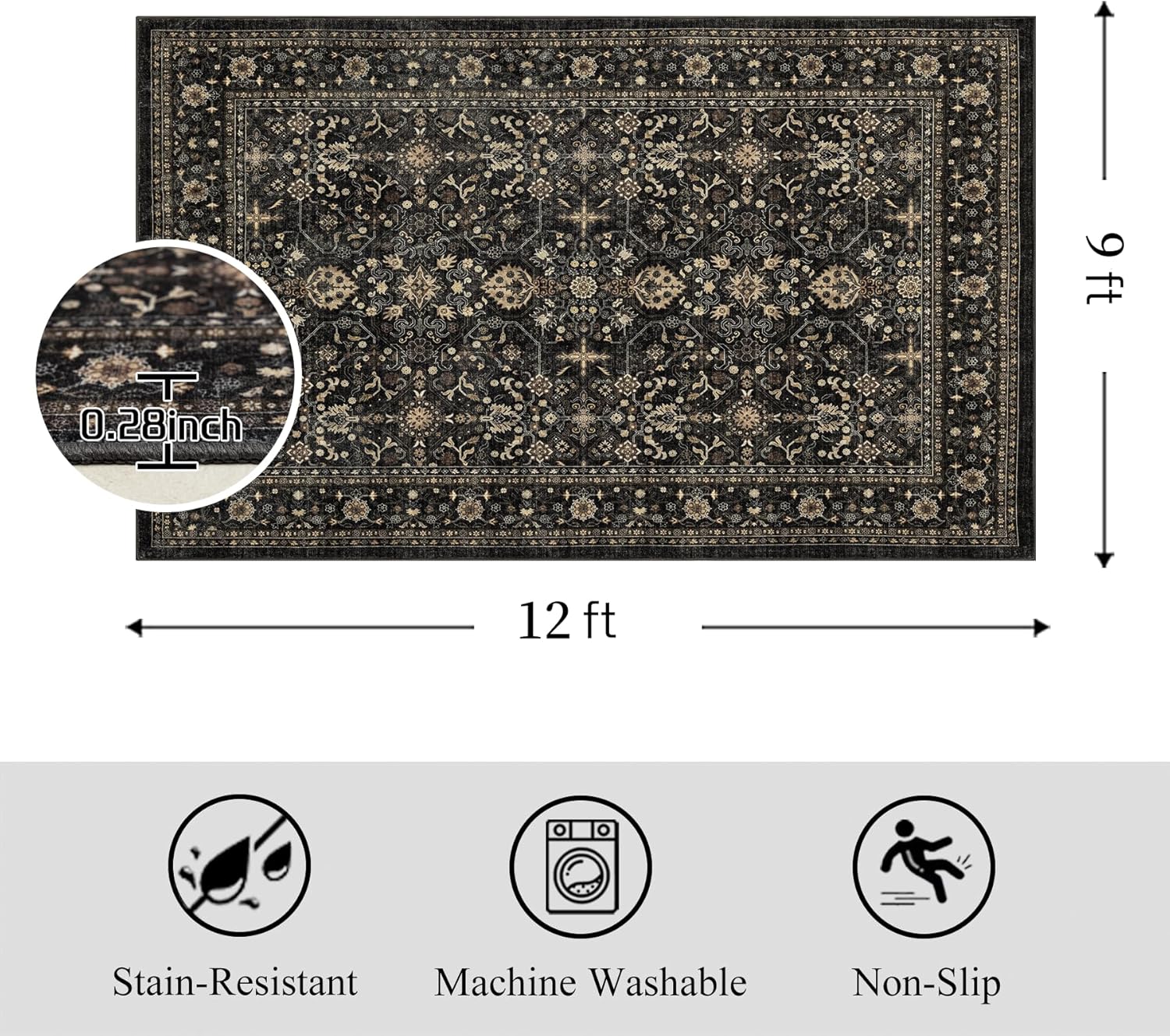Thumbnail 1 de Ruaruarug 9'×12' Area Rug with Non-Slip Backing — Ultra-Soft, Machine Washable, Multi-Room Use (Black/Grey)