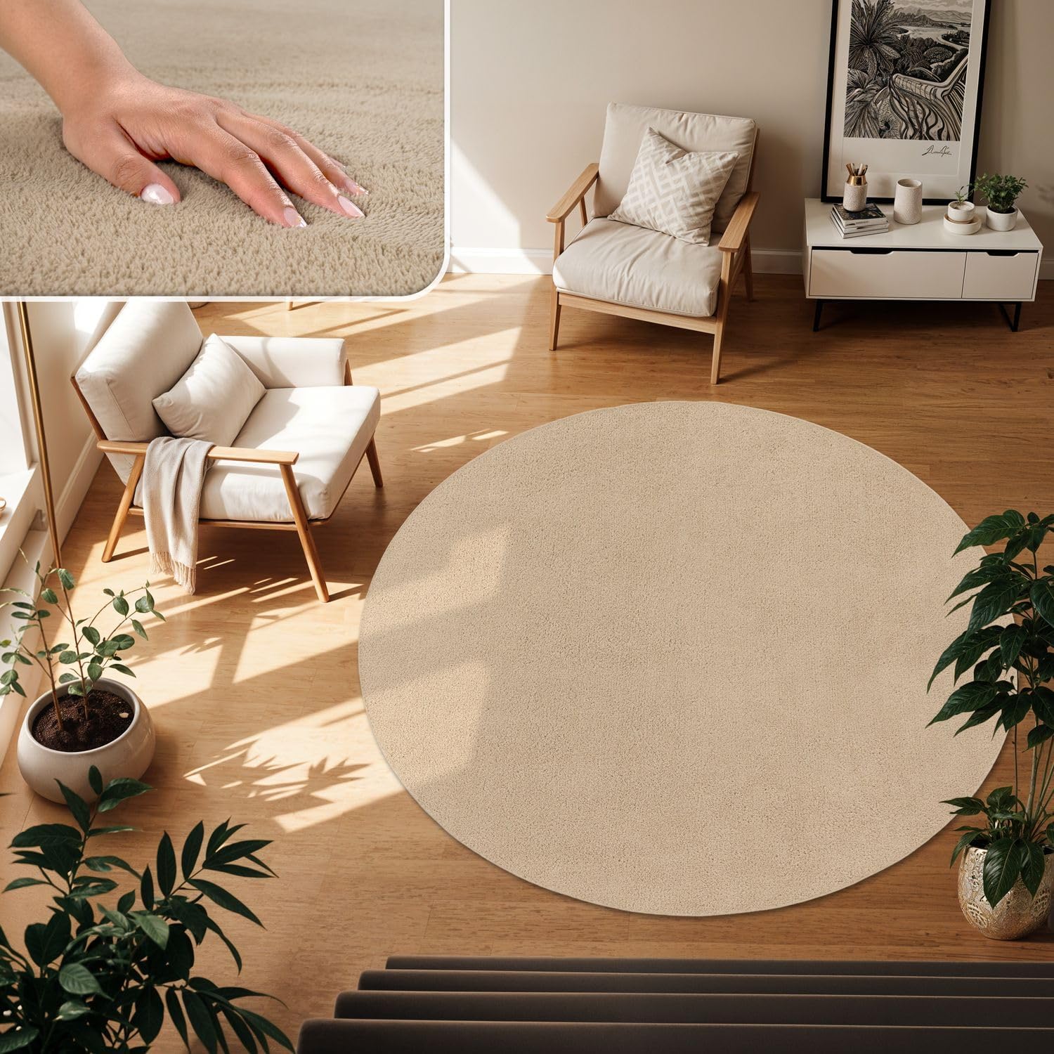 Detalle de TT Home Wohnzimmer-Teppich Kurzflor mit Anti-Rutsch-Rückseite, Dunkelbeige, 200 cm rund