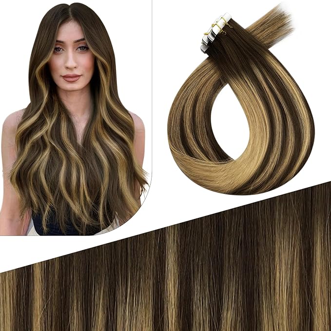 Fshine Extensiones de cabello virgen marrón oscuro con reflejos dorados 💇‍♀