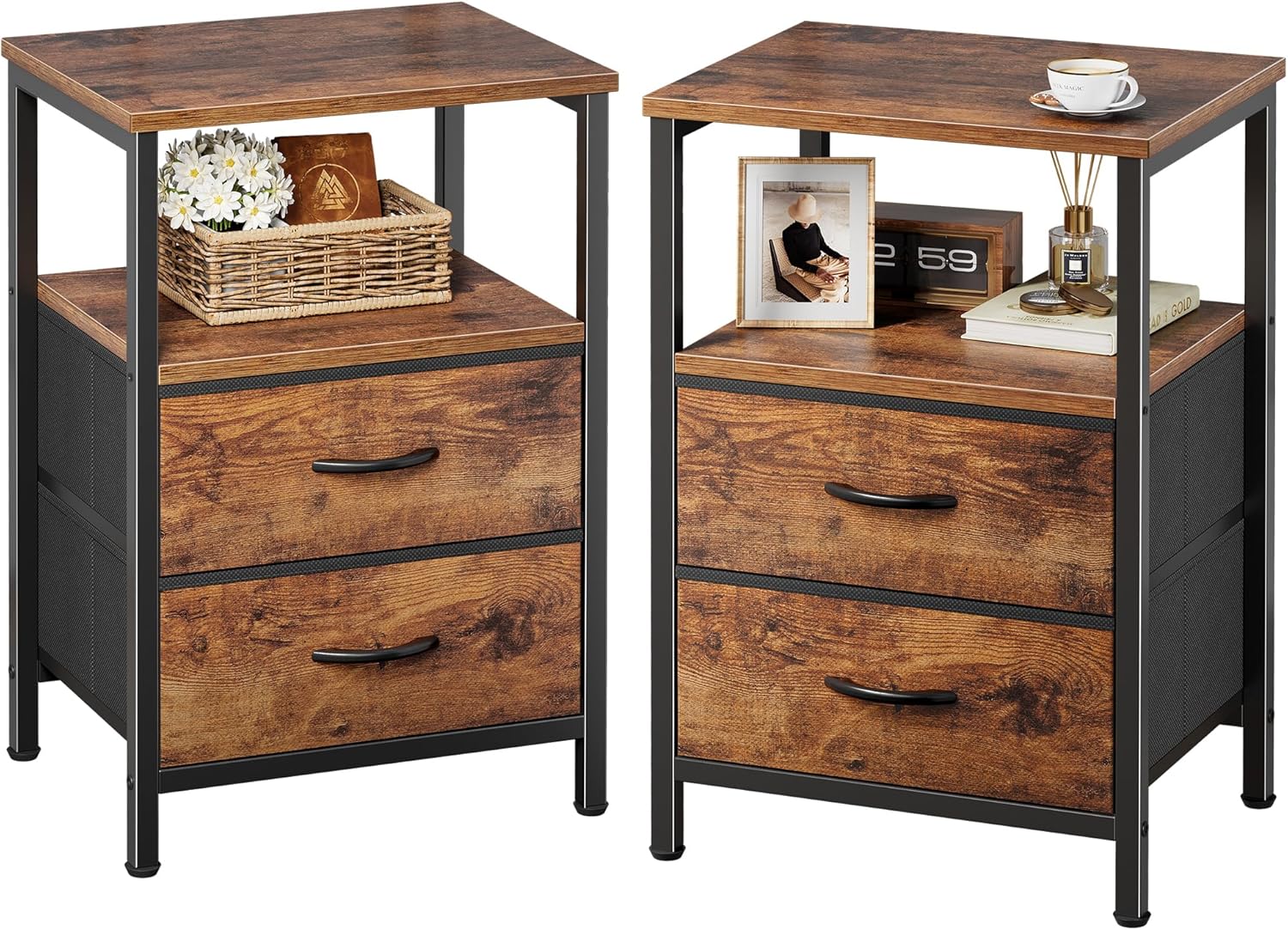 Detalle de Huuger Night Stand Set 2: 2-Drawer Bedside Table with Open Shelf in Rustic Brown