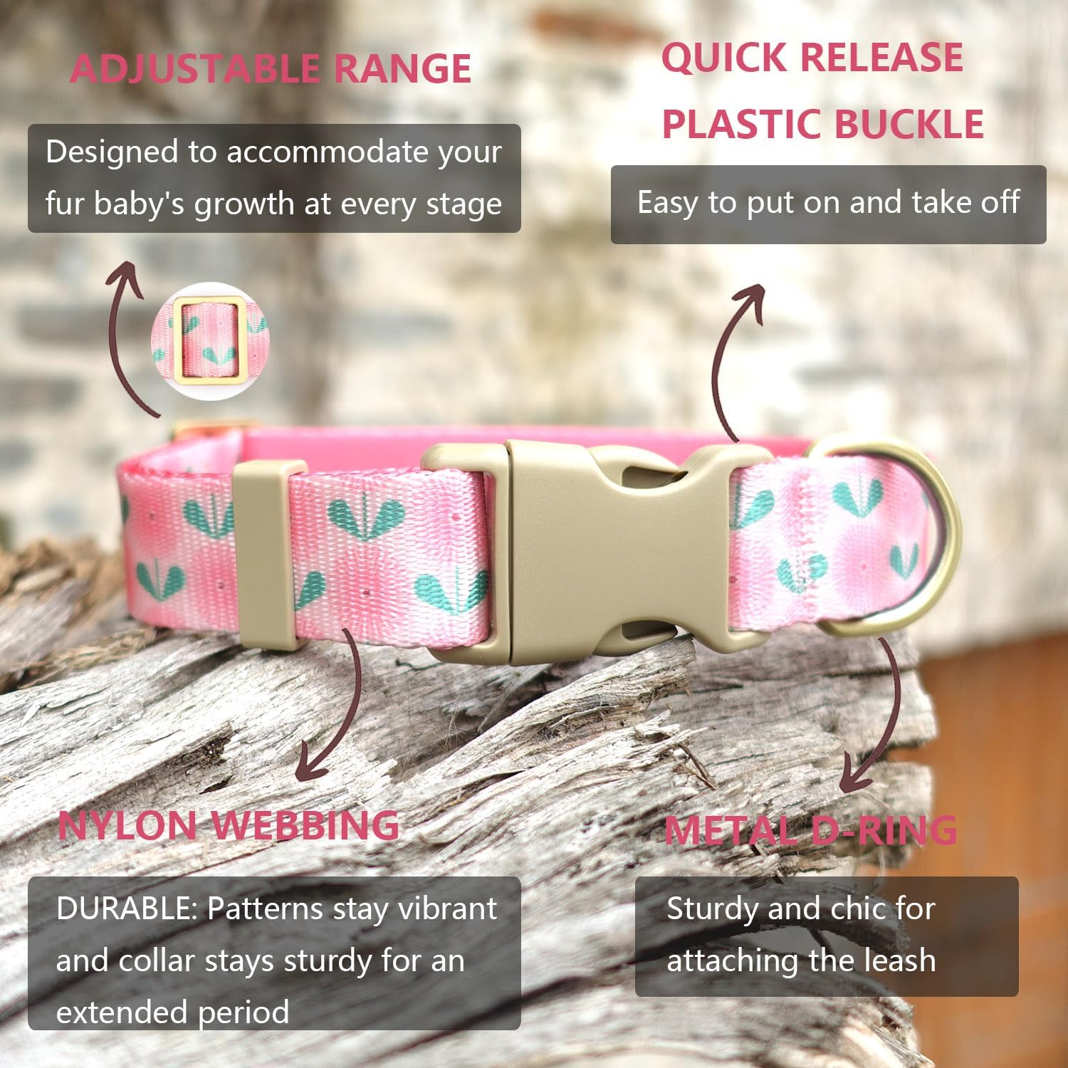 Detalle 2 de Petiry Lightweight Floral Dog Collar with Dandelion Pattern for Small Dogs (Pink Dandelion)