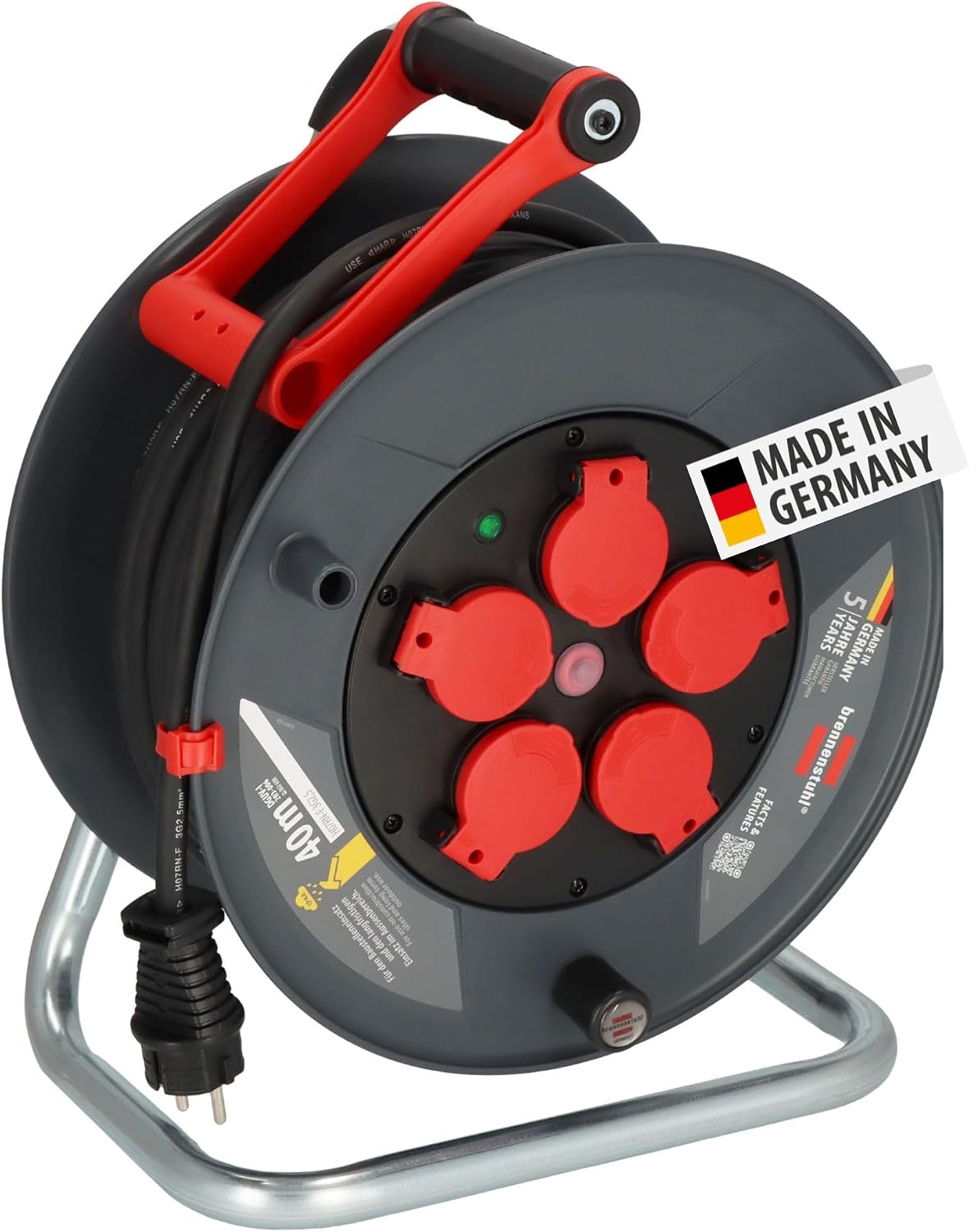 Detalle de Brennenstuhl Enrouleur de câble professionnel 300 KU - 25 m, extérieure/chantier, 5 prises étanches