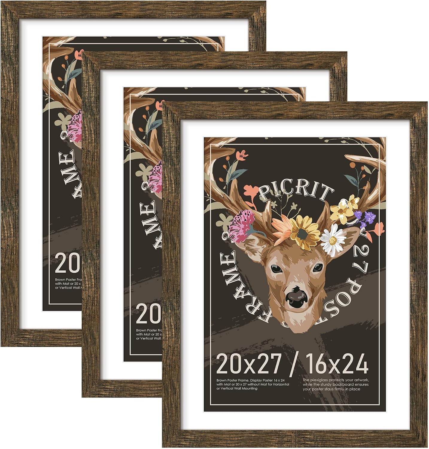 Detalle de Picrit 20x27 Picture Frame 3 Pack in Brown with Mat – Flexible Wall Display