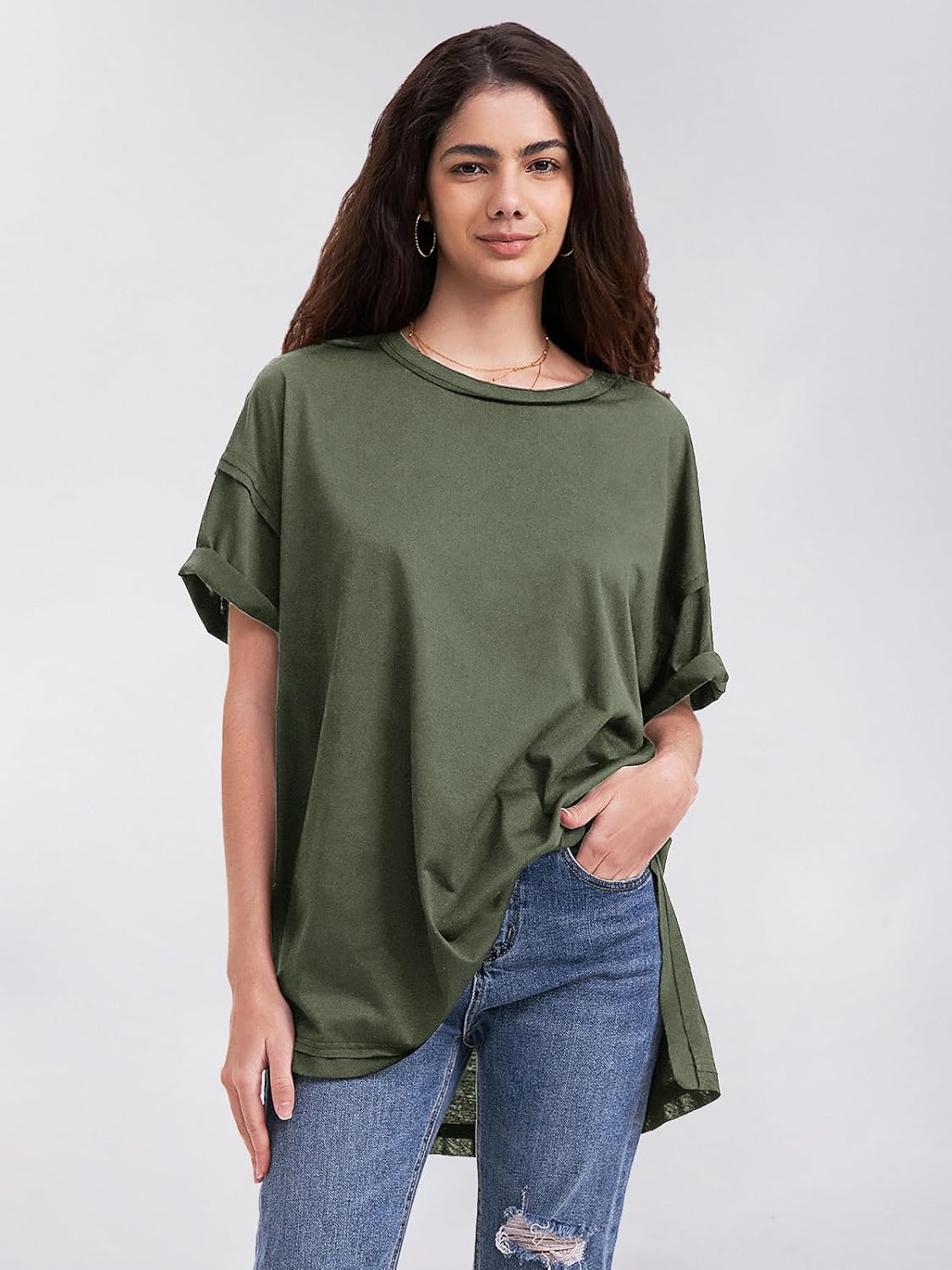 Detalle 2 de EXLURA Women’s Oversized Summer T-Shirts (2026) — Crewneck Maternity & Workout Tunic