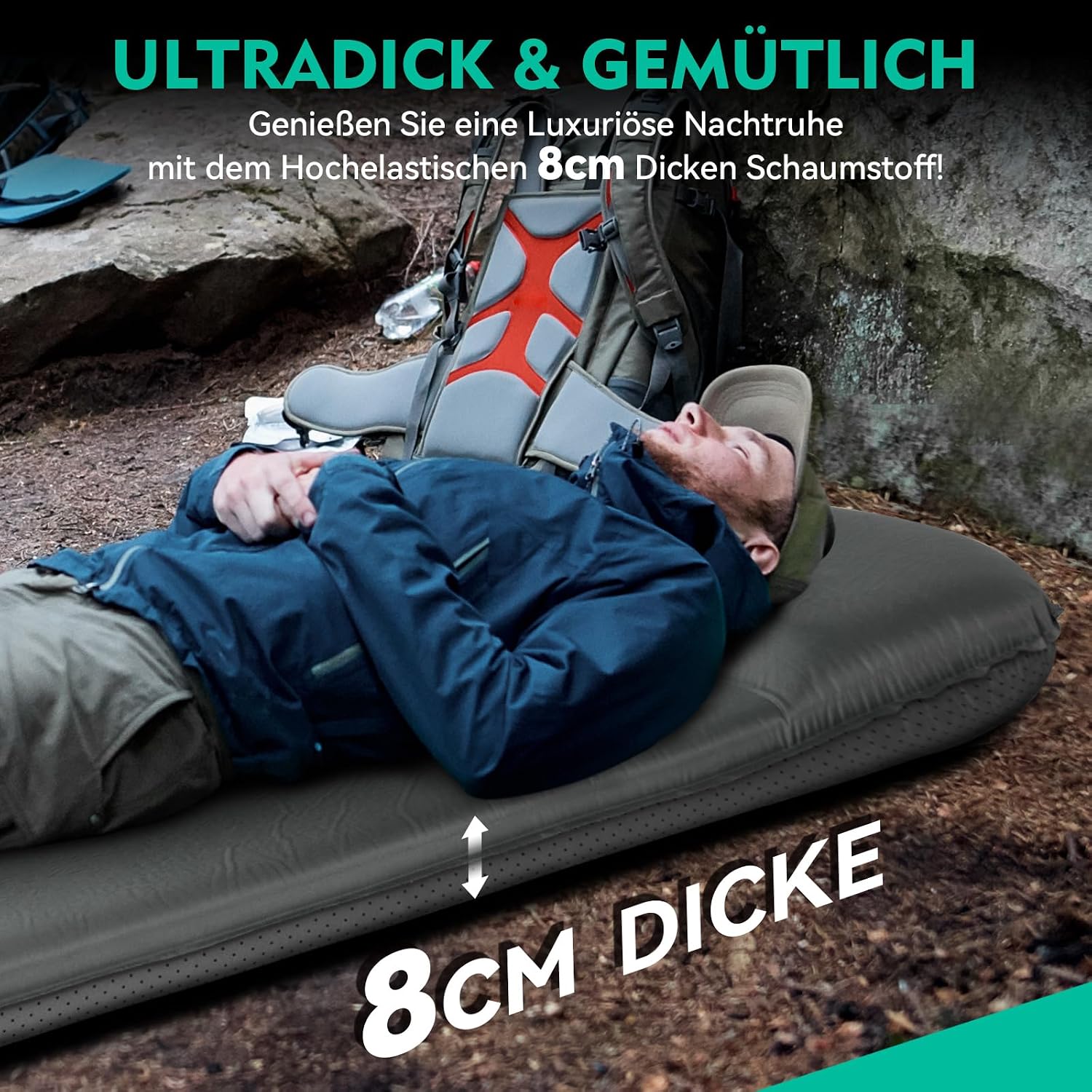 Thumbnail 1 de HIKENTURE Isomatte selbstaufblasend (8 cm) mit eingebettetem Kissen für Camping & Wandern