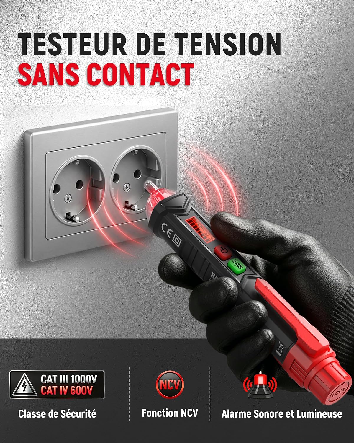 Detalle 2 de KAIWEETS HT100 Détecteur de tension 12V–1000V