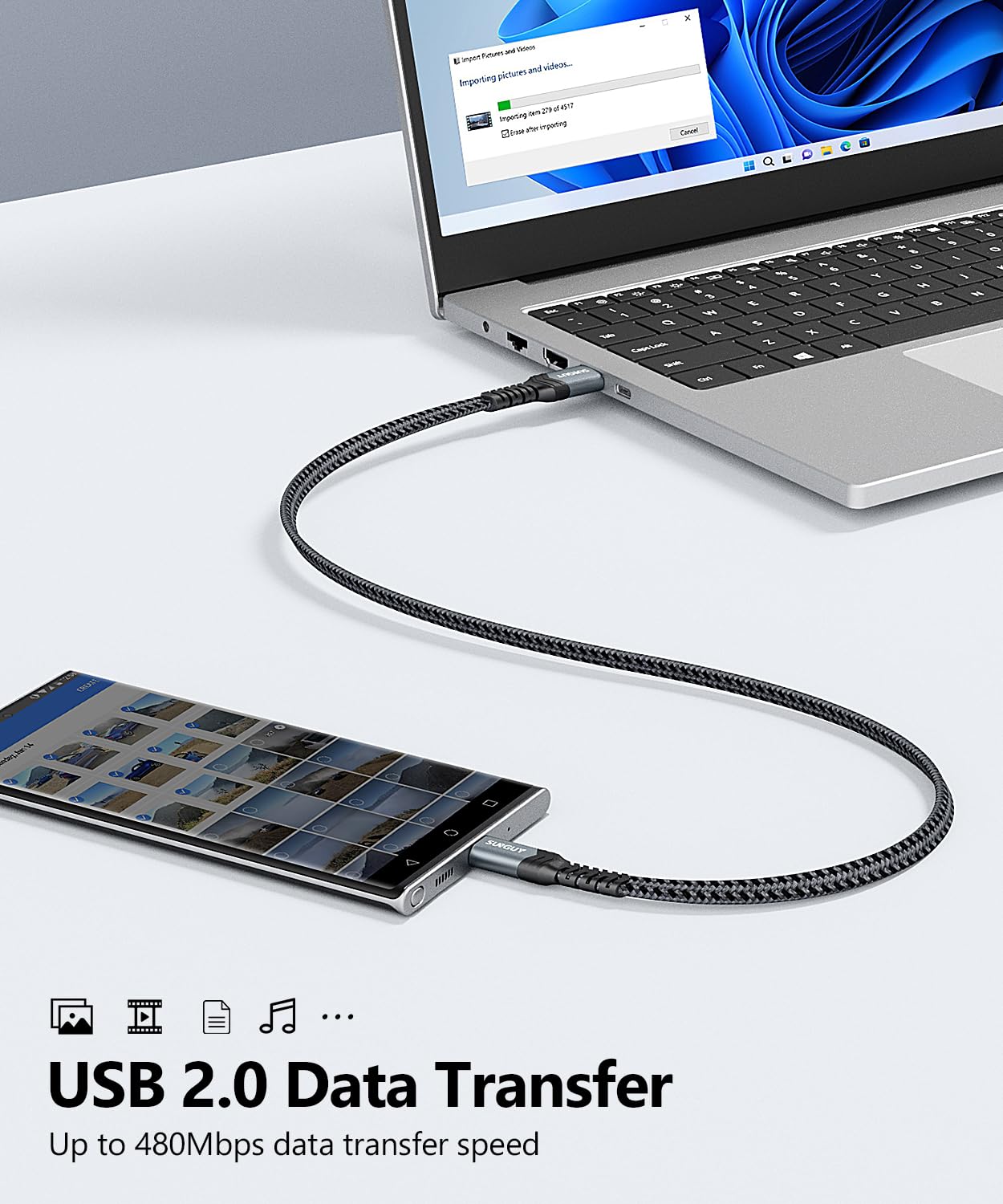 Thumbnail 3 de SUNGUY USB C Cable 1M [2Pack] – Flat USB A to USB C Charger Cable, 3A Fast Charge & 480Mbps Data Transfer