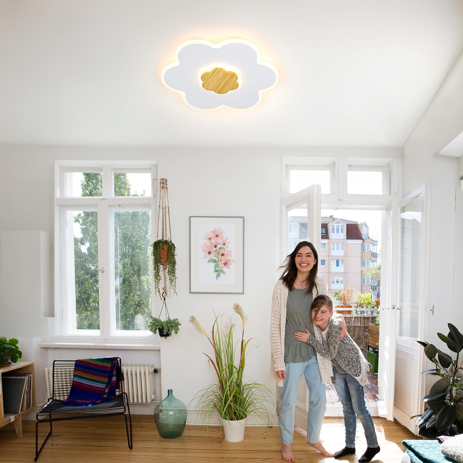 Detalle de Plafonnier LED enfant en forme de fleur (bois) dimmable 3000K–6000K, 35W, 50 cm avec veilleuse