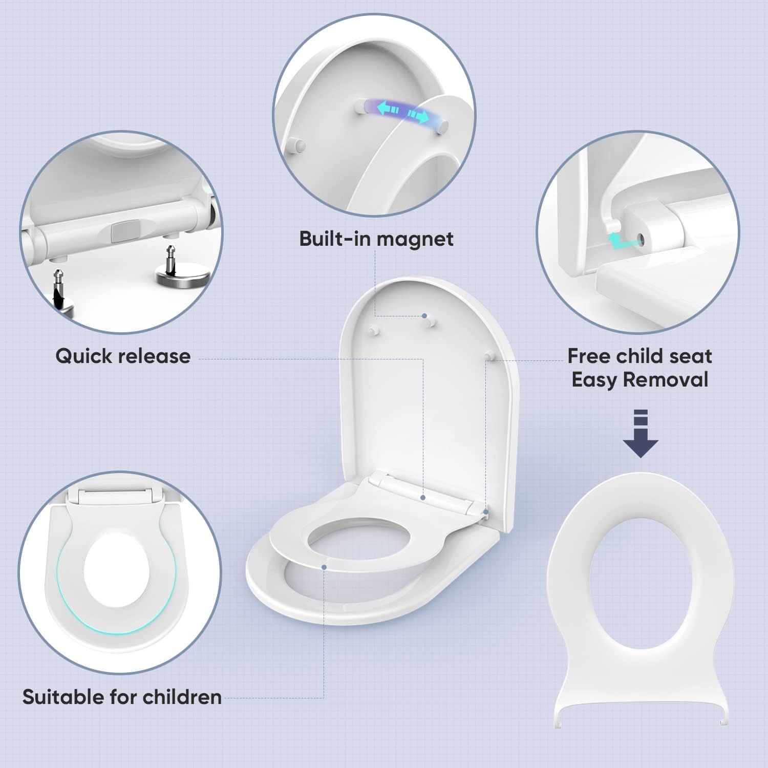 Thumbnail 3 de Family Toilet Seat with Built-in Child Seat and Soft Close – 2-in-1, Quick Release, Non-Slip, U/D Shape