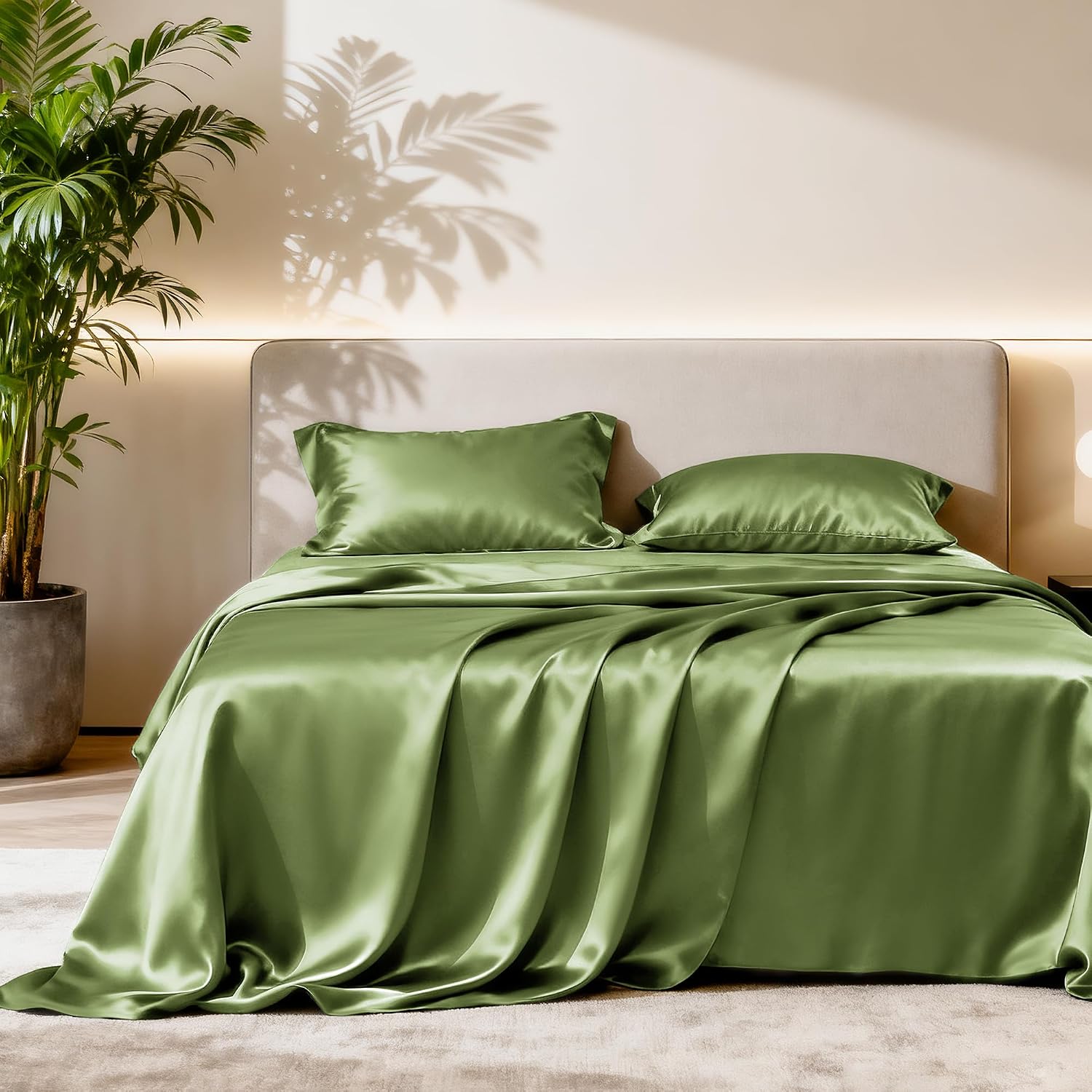 Detalle de Love's cabin Satin King Sheet Set, 4-Piece, Sage, 15-Inch Deep Pockets