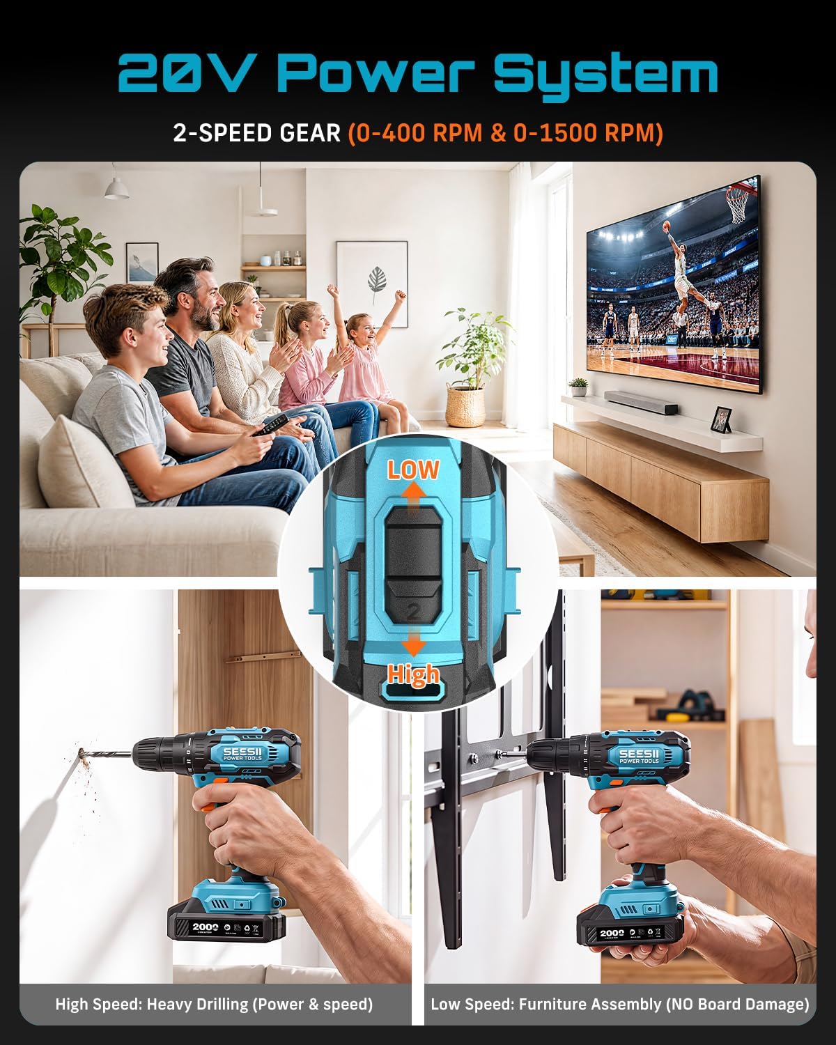 Detalle de Seesii E1313 20V Cordless Drill Set, 183-Piece Kit with 40 Nm Torque