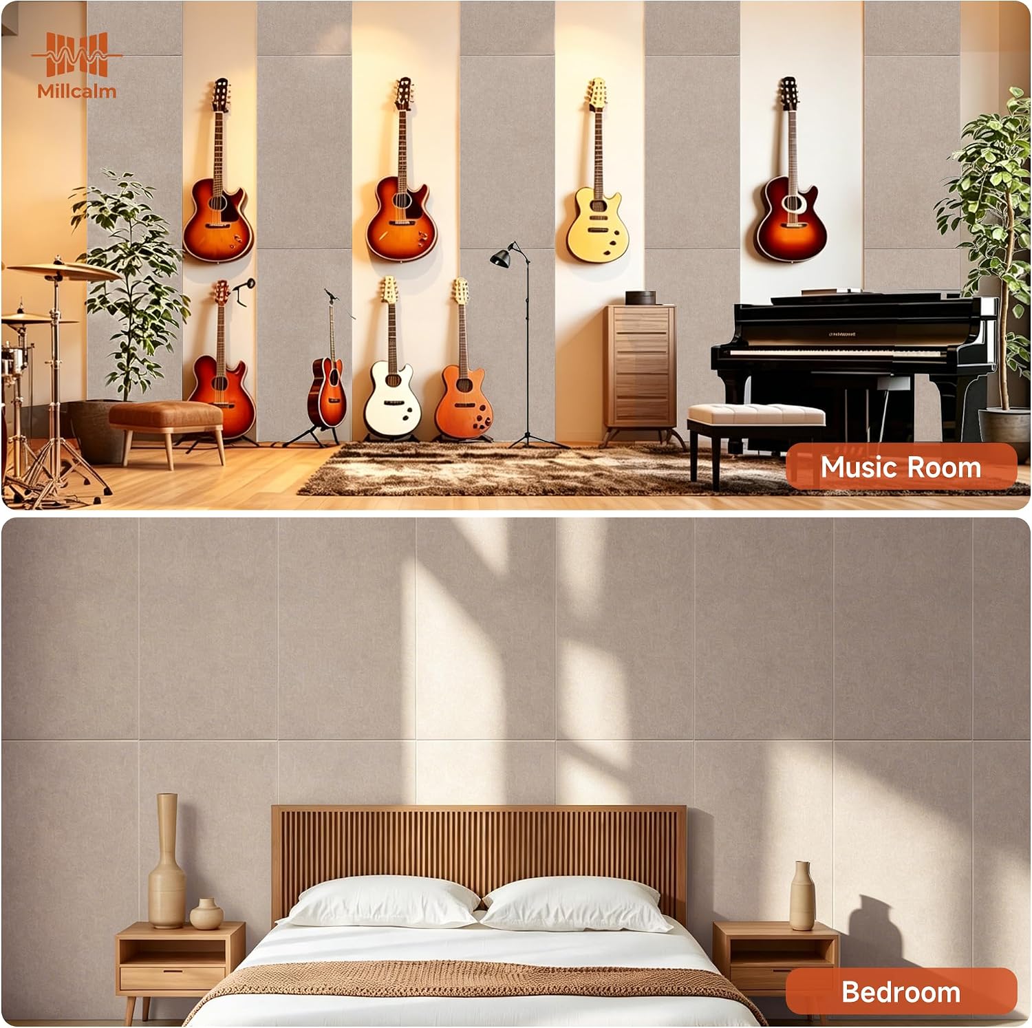 Detalle 2 de Millcalm Large Acoustic Wall Panels, 4-Pack, Camel, Self-Adhesive, 0.47-Inch Thick