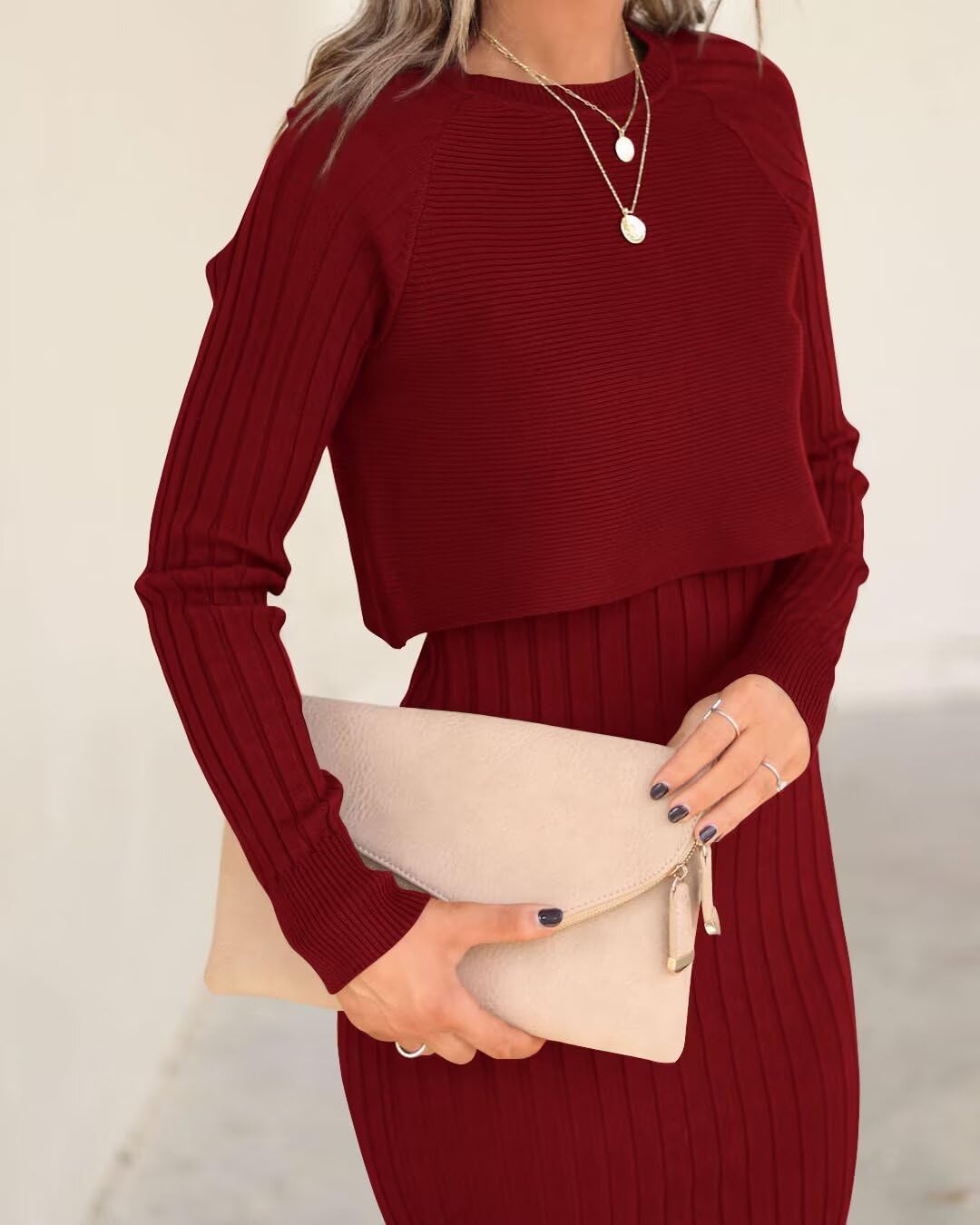 Thumbnail 1 de LACOZY ribbed knit 2-piece sweater dress set for women (long sleeve crop top + bodycon midi)