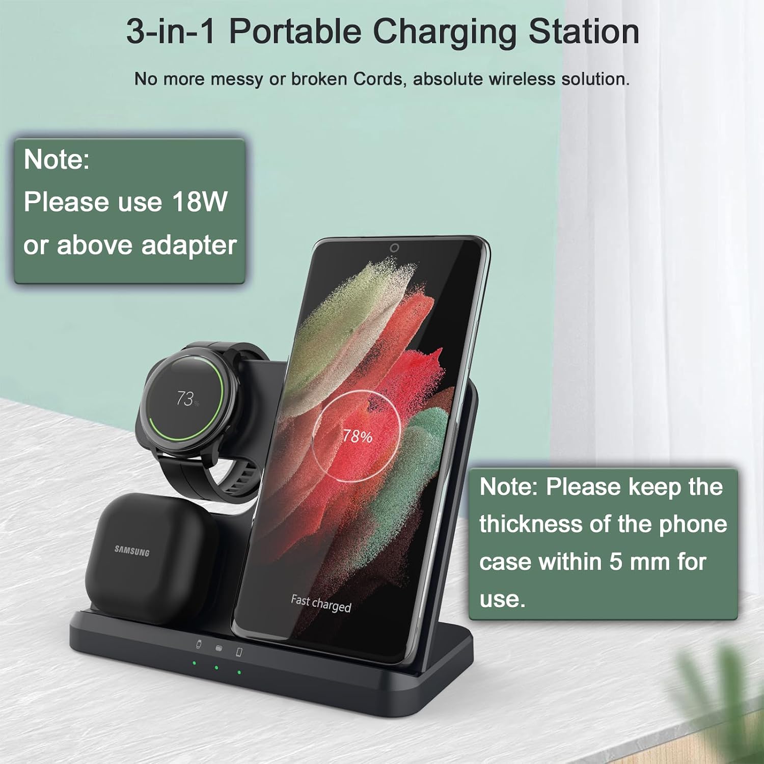 Detalle 2 de Nongxiang 3-i-1 trådlös laddningsstation för Samsung med USB-C