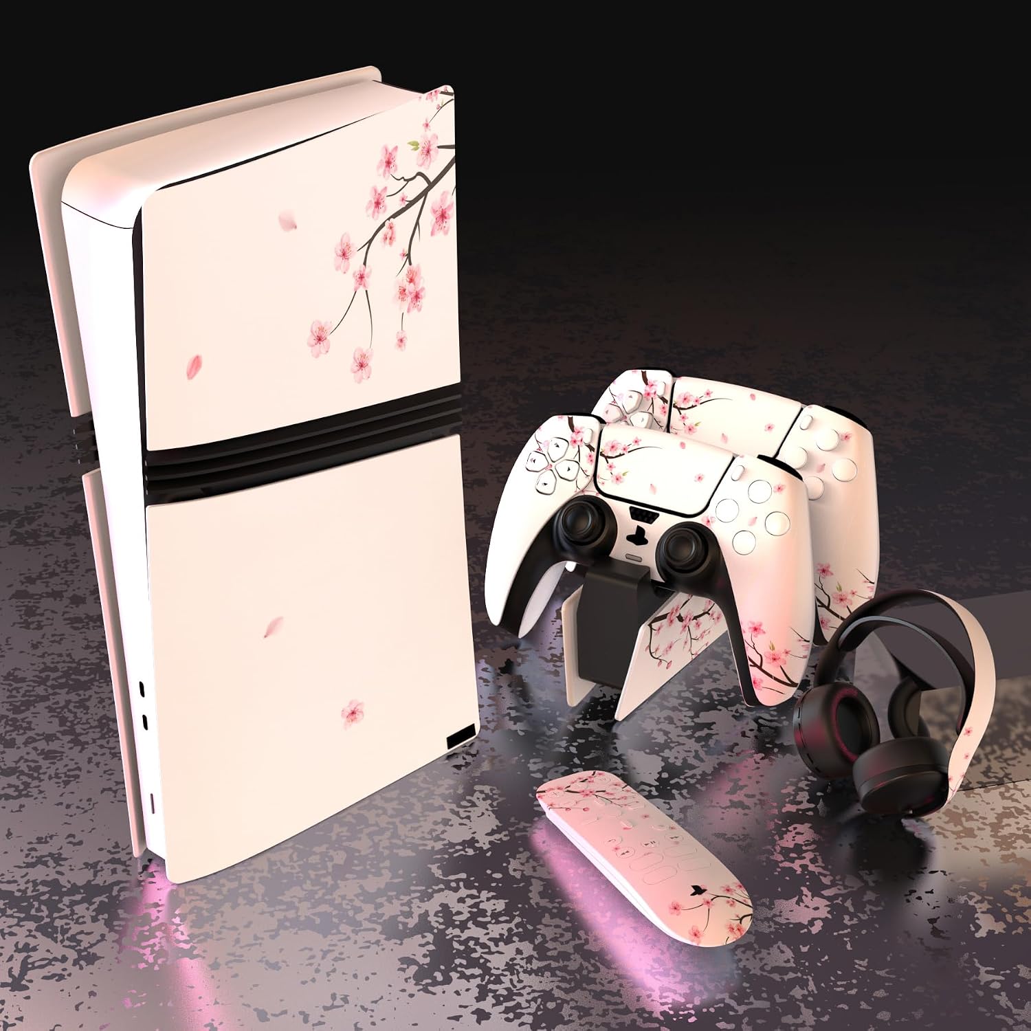Detalle de Playvital Full Set Skin Stickers for PS5 Pro — Vinyl decal wrap set for console, controller, headset & more (Falling Cherry Blossom)