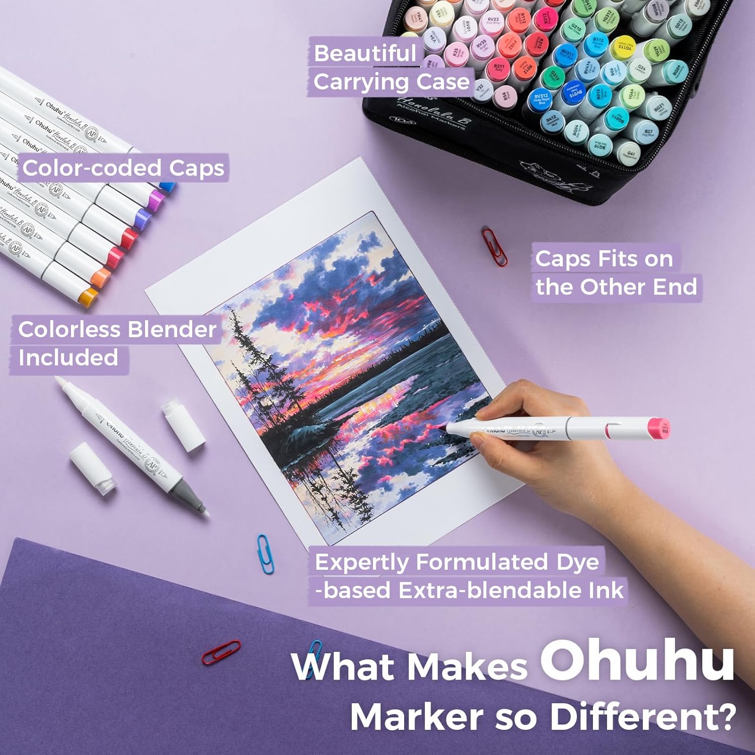 Thumbnail 5 de Ohuhu 104-Color Alcohol Markers Brush Tip Set – Dual Tip, Refillable with Case