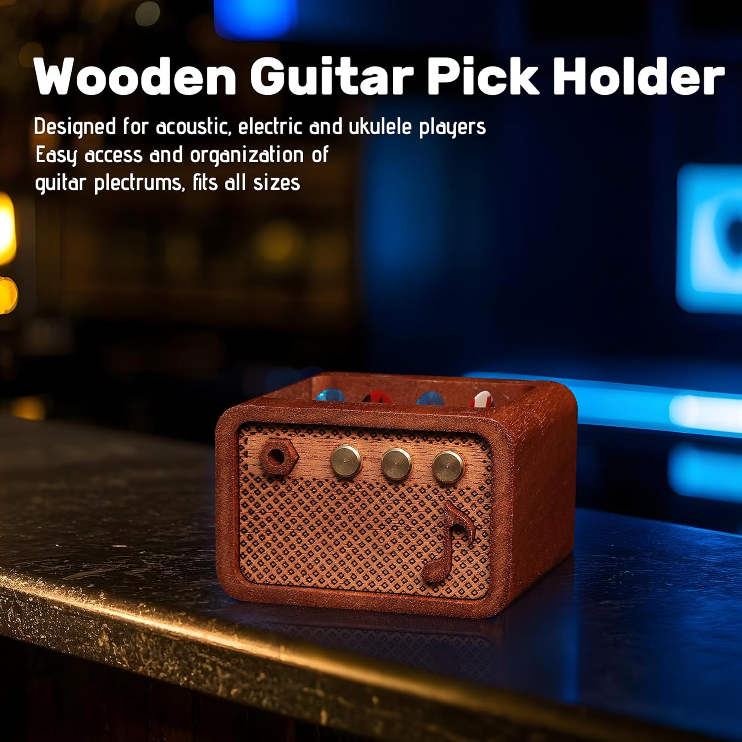 Thumbnail 1 de CoolGift Mart Sapele Wood Guitar Pick Holder (Amp Shaped) – Guitar Accessories for Storage & Display