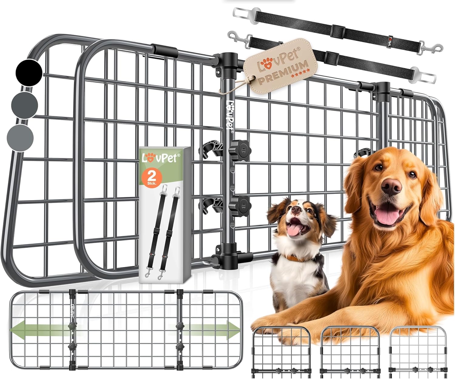 LOVPET Hundegitter Auto (Autoschutzgitter/Trenngitter) verstellbar 30 x 91–153 cm inkl. 2 Sicherheitsgurte, Anthrazit