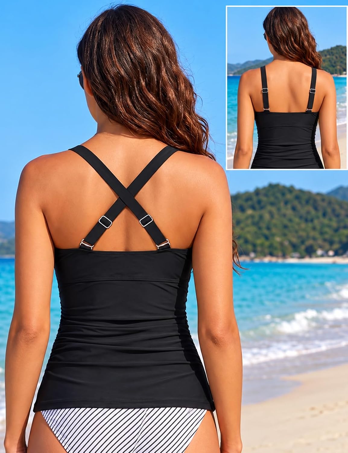 Detalle de Hilor Women's Underwire Tankini Top with Tummy Control and V-Neck Cross Front