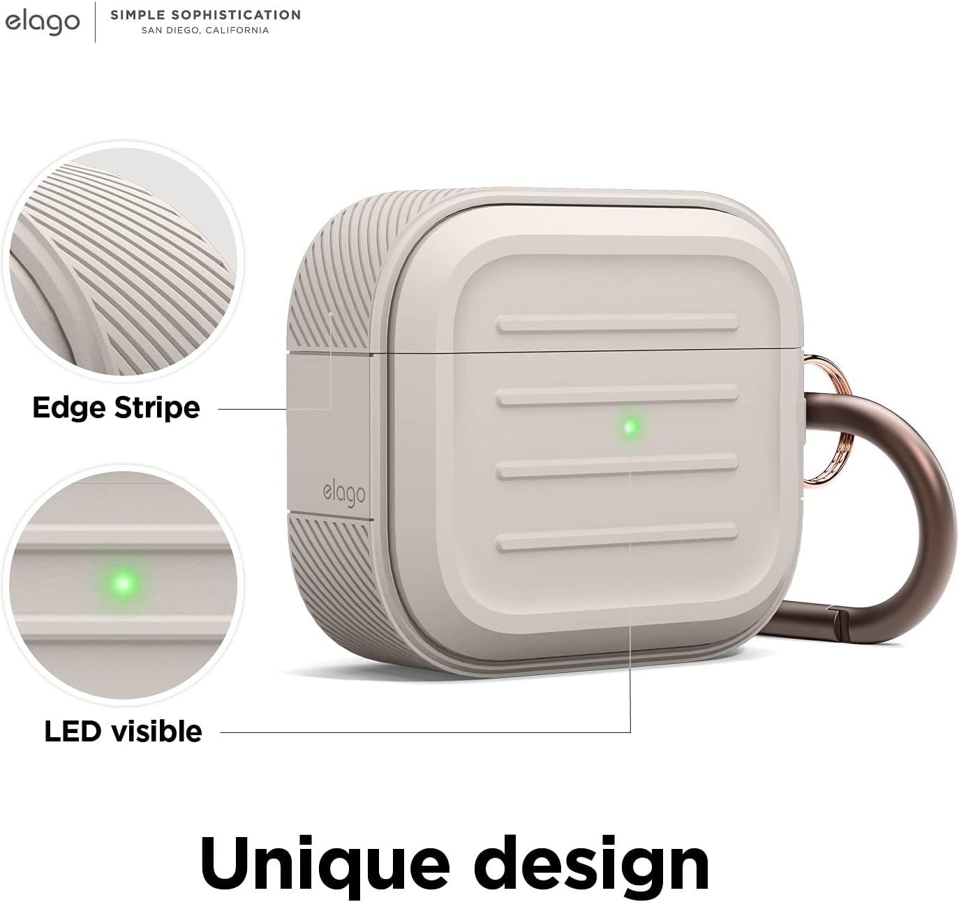 Detalle de elago Coque armée avec porte-clés pour AirPods 3 (Stone) : protection + recharge sans fil