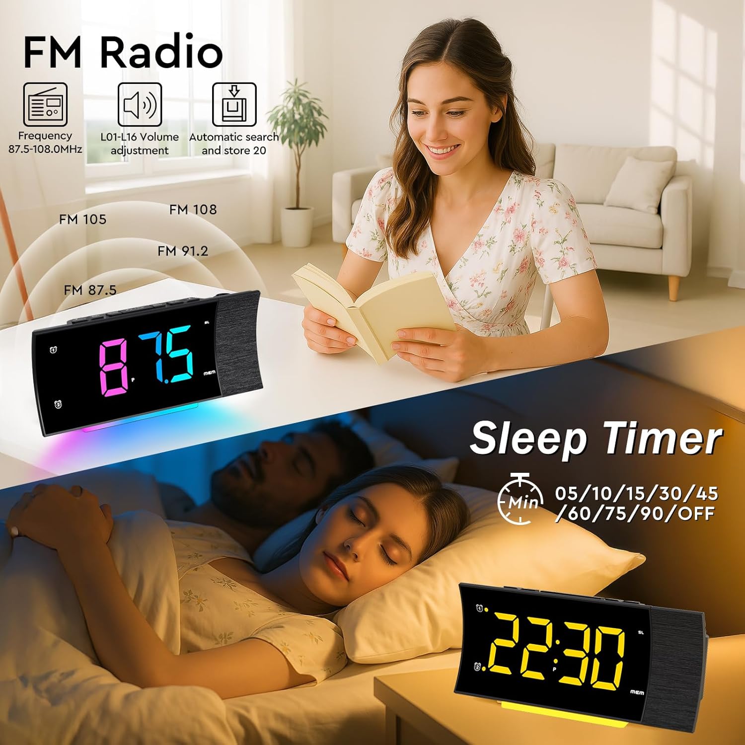 Thumbnail 2 de FCHERP Radio Réveil Projecteur plafond 180° avec radio FM, double alarme et chargeur USB