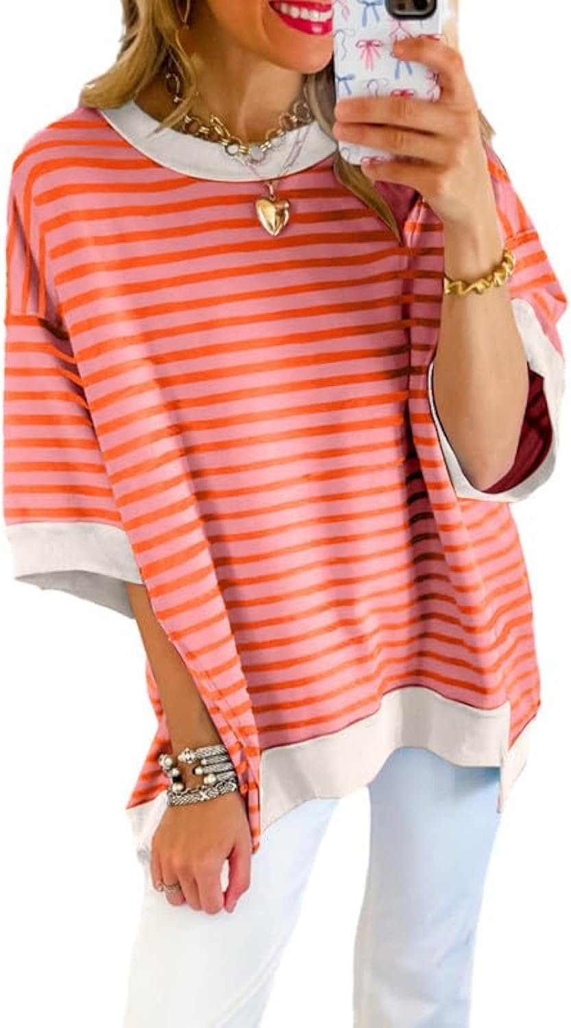 Detalle de SHEWIN Womens Casual Short Sleeve Sweatshirt Crewneck Striped Top