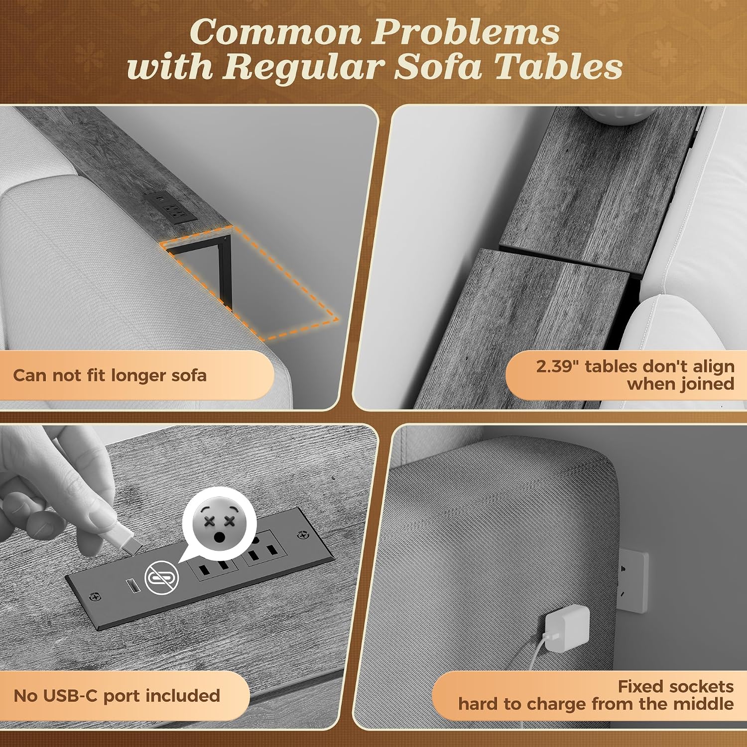 Thumbnail 2 de SUPERJARE 110.2 Inch Walnut Sofa Table with Built-in Power Outlets