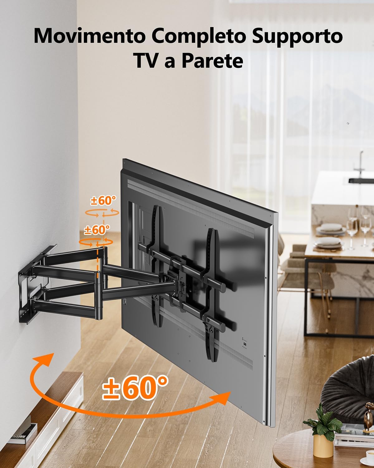 Detalle de WHYFONE Supporto TV Parete da 60–120 pollici con Bracci Doppio Snodo, Estendibile e Inclinabile, VESA 200x100–1000x600mm
