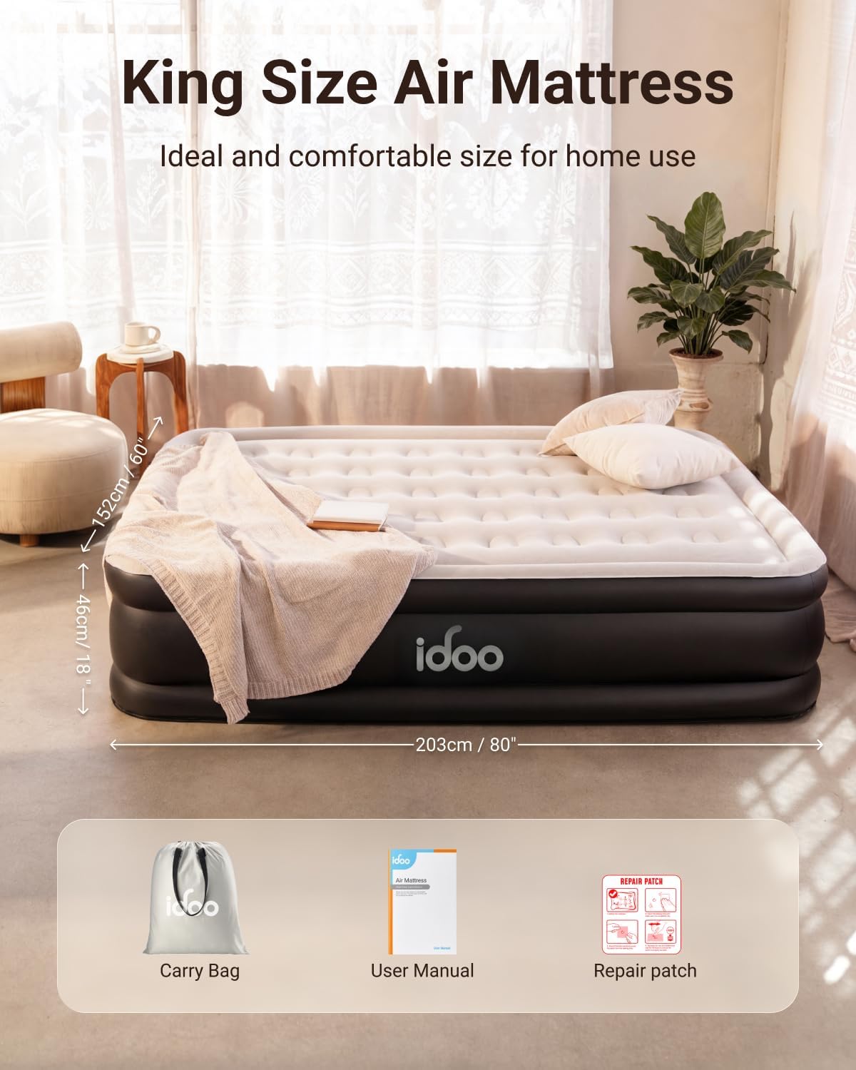 Thumbnail 3 de iDOO King Size Inflatable Air Mattress with Built-In Pump (203 x 152 x 46 cm)