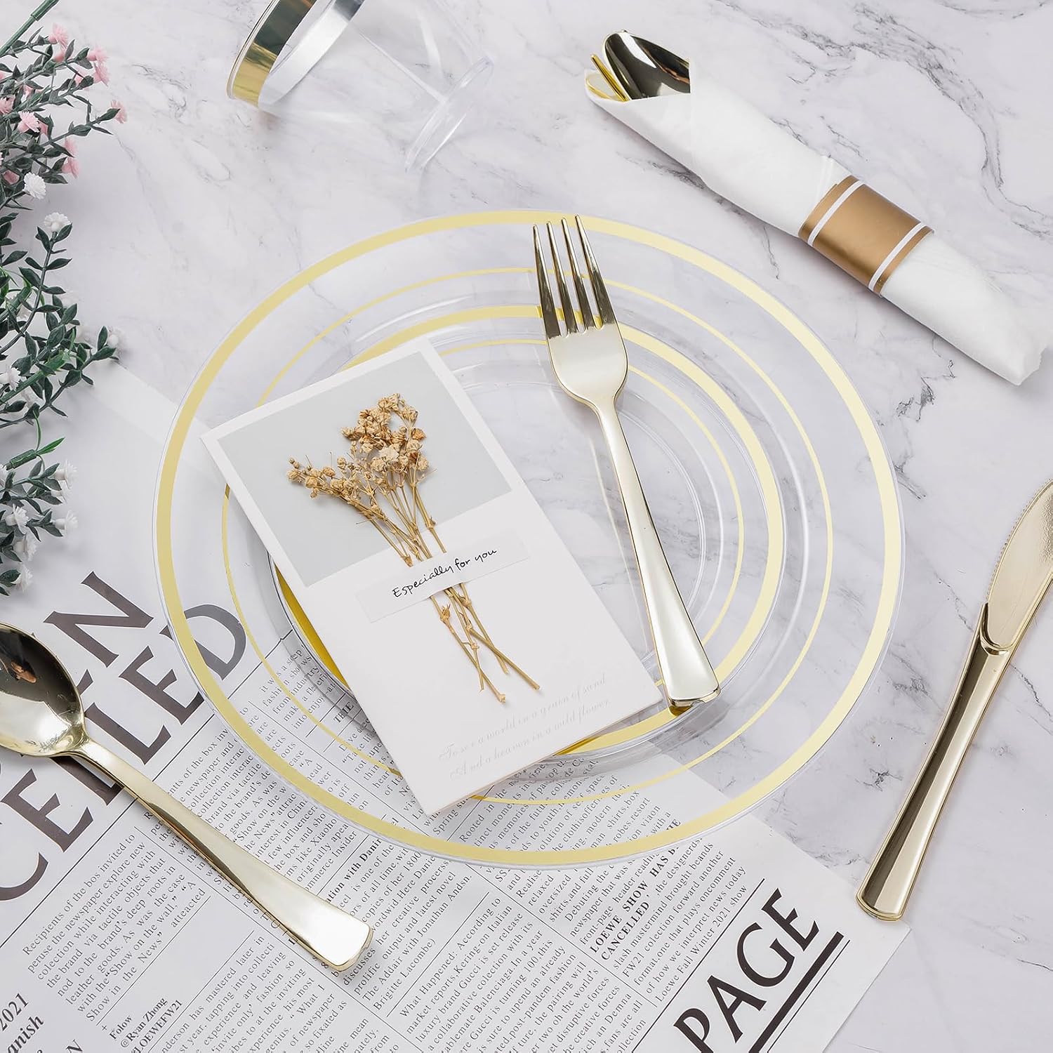 Detalle 1 de BESTVIP TMQJS-350 350-Piece Dinnerware Set for 50 Guests, White and Gold