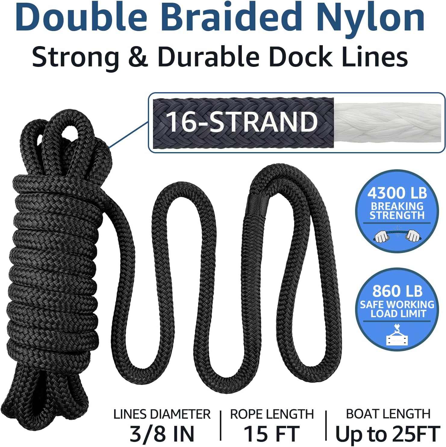 Detalle de PACTHSD 2-Pack 3/8" x 15' Dock Lines with 12" Loops, Double-Braided Marine-Grade Nylon (Black)
