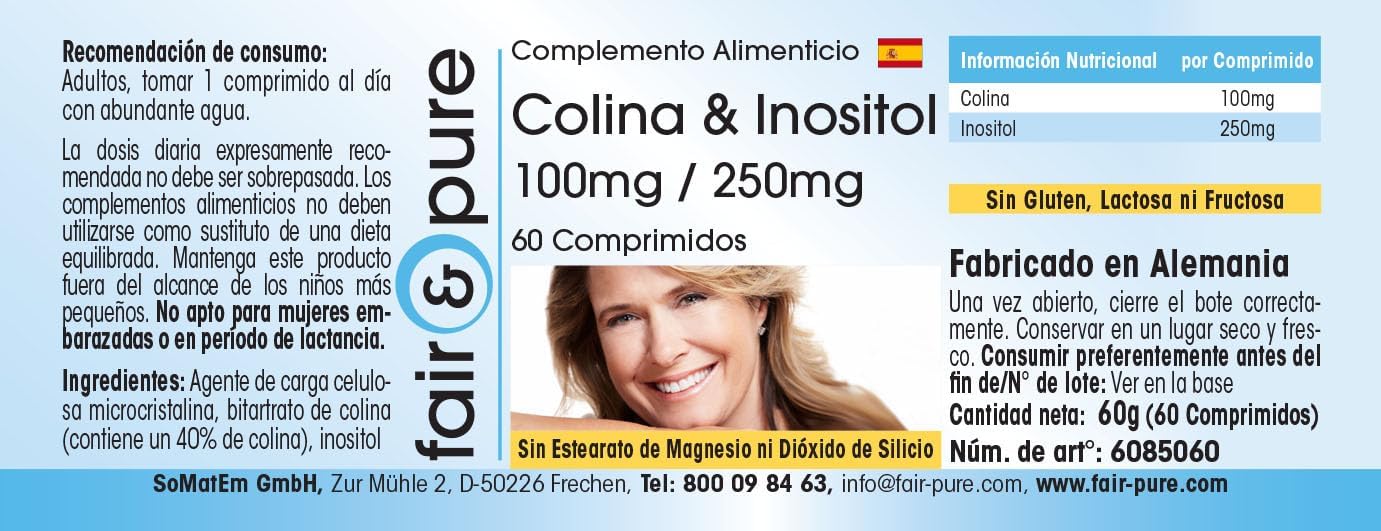 Detalle de Fair & Pure Cholin & Inositol 100 mg / 250 mg, 60 Tabletten – Hochdosierte Nahrungsergänzung aus Deutschland