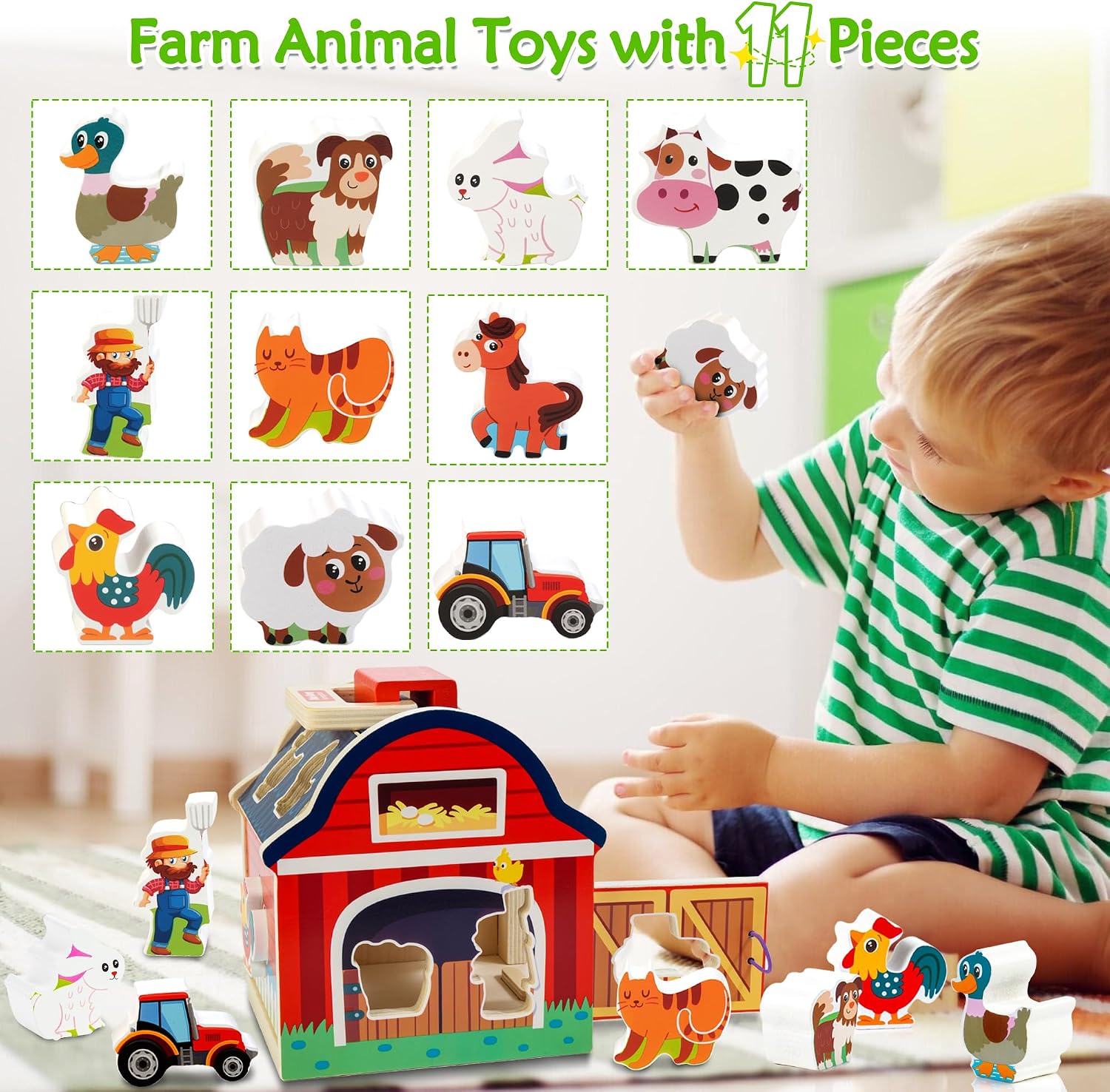 Detalle de Montessori Wooden Farm Animals Shape Sorter for 1–3 Year Olds