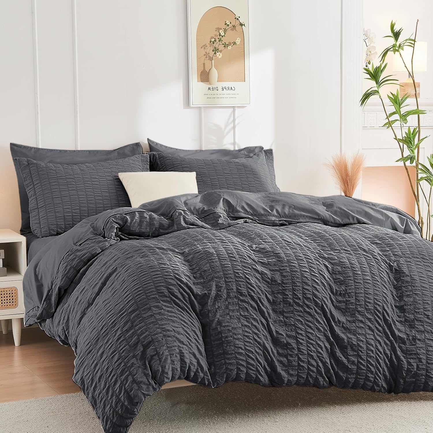 Thumbnail 3 de HYMOKEGE Dark Grey Queen Duvet Cover Set (3-Piece) — Brushed Microfiber Seersucker with Zipper Closure
