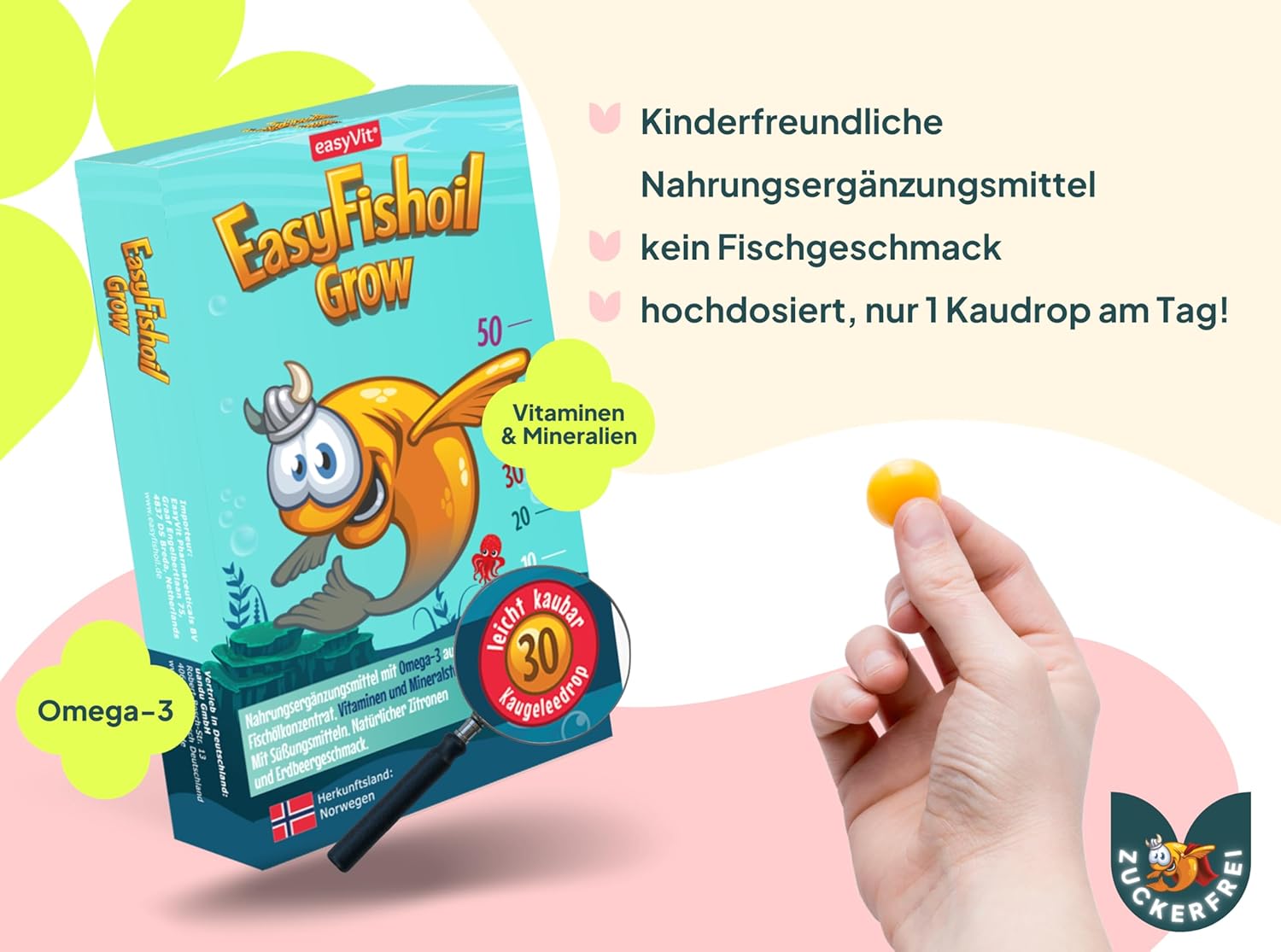 Thumbnail 1 de EasyFishoil Grow Omega-3 Kinder (1 Monat, 30 Kaugeleedrops) mit Vitaminen & Mineralstoffen
