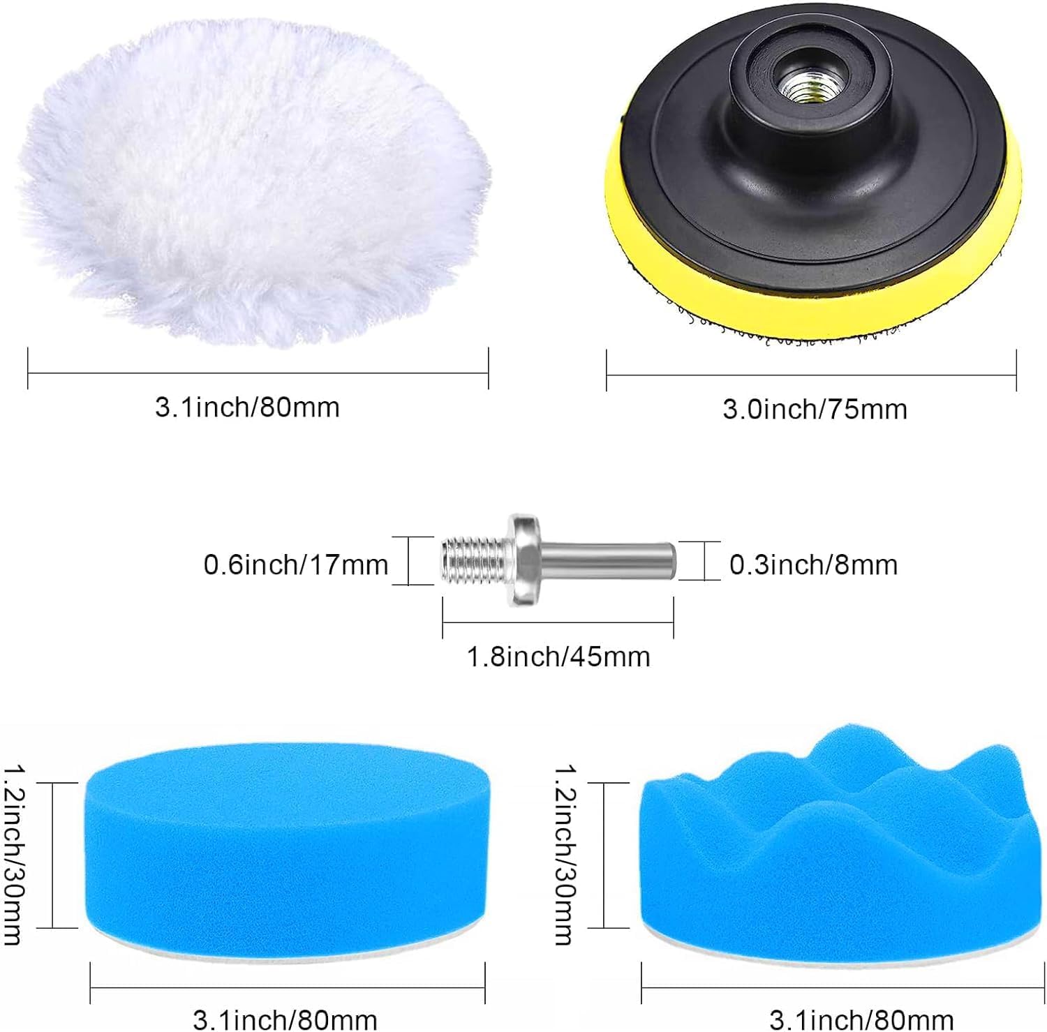 Detalle de BASVII 31 Kit Polissage Voiture – 25 pièces, pad 80 mm et tampons laine, adaptable perceuse