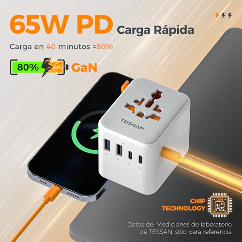 Detalle de TESSAN Adaptador Enchufe Universal de Viaje con 5 USB y Carga Rápida 65W GaN