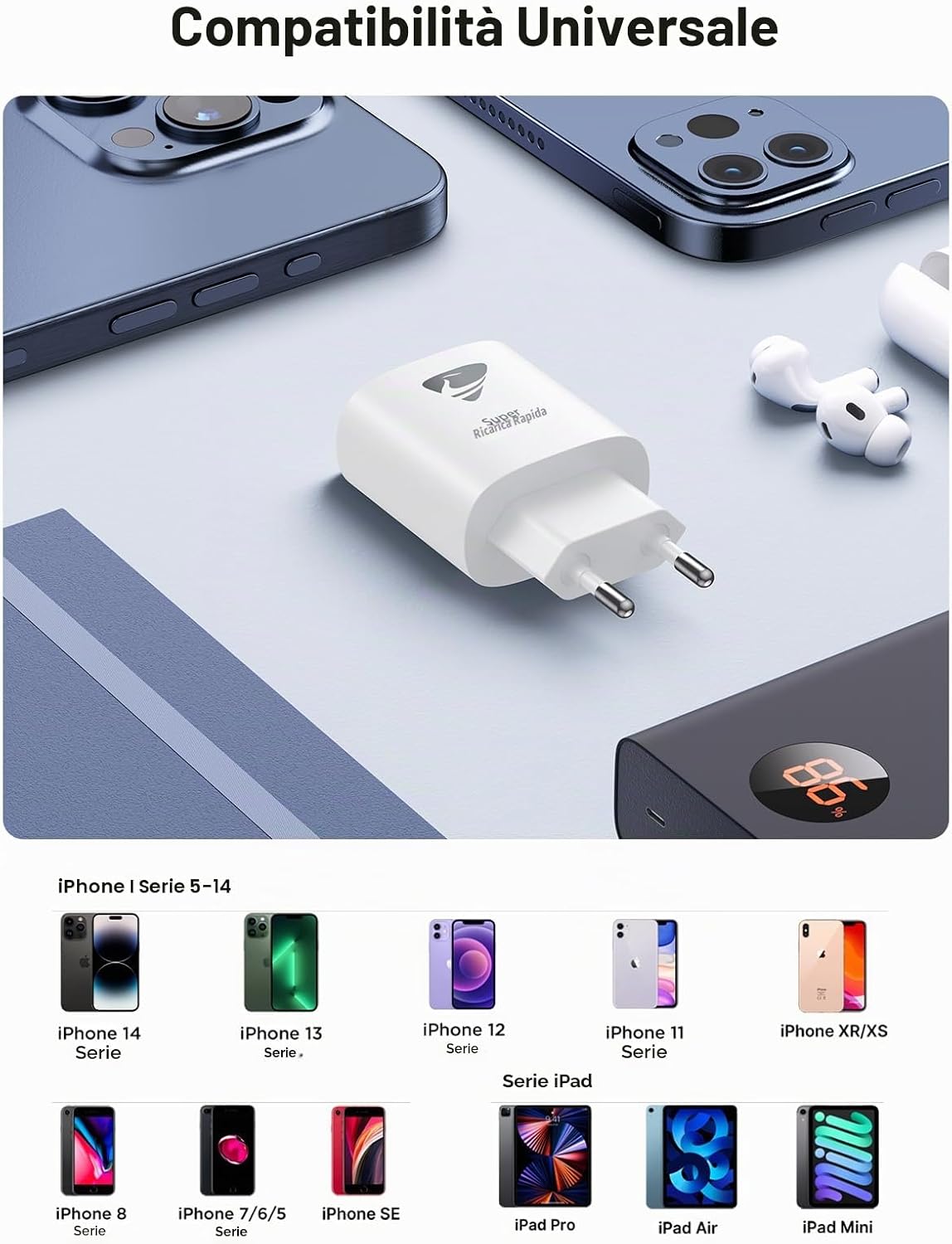 Detalle 2 de Caricatore USB-C 20W con cavo Lightning da 2 m – Yosou, ricarica rapida per iPhone e dispositivi