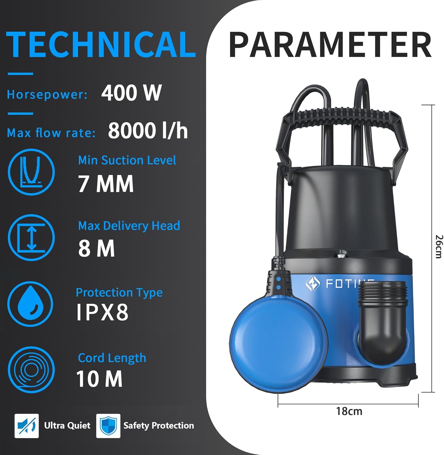Thumbnail 1 de FOTING Submersible Water Pump 400W 8000l/h for Pool Drainage