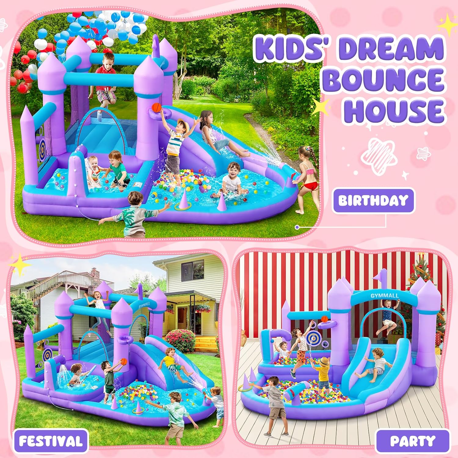 Thumbnail 2 de GYMMALL Water Bounce House with Slide (Kids 3–8) Purple Inflatable Castle with 480W Blower, Ball Pit & Water Play Set
