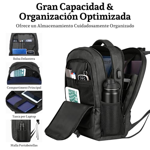 Thumbnail 2 de ANNMOR Mochila portátil 15,6–17,3" con puerto USB y apertura 180° tipo maleta, negro