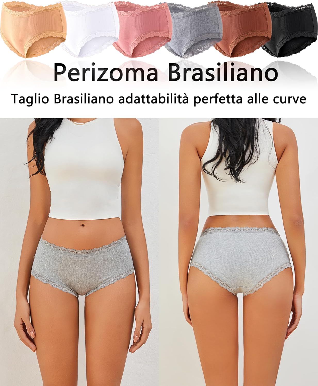 Thumbnail 4 de ALL OF ME Mutande donna in cotone con pizzo brasiliano (set da 6) vita alta mezza vita S-XXL
